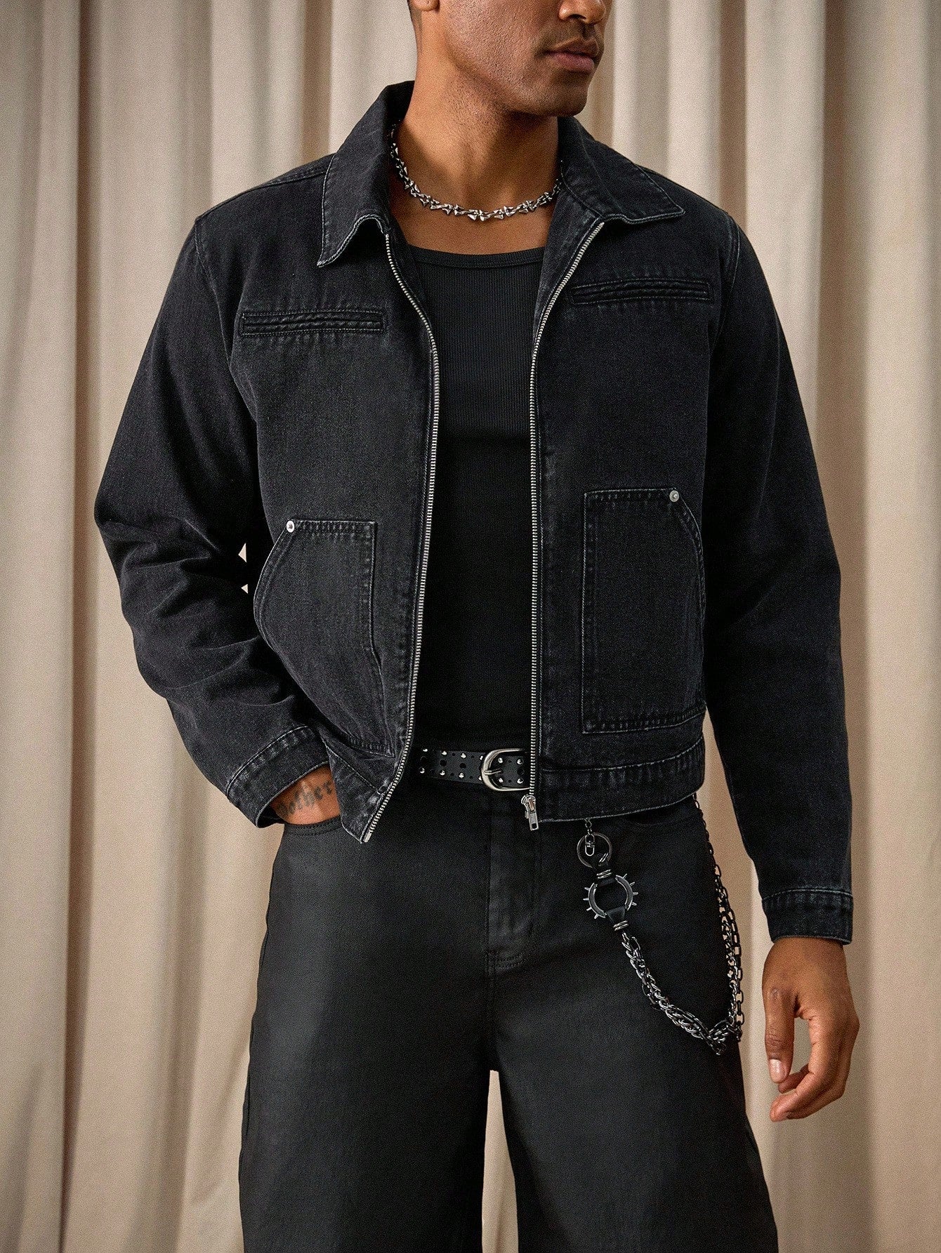 RivetRise Men Casual Washed Black Short Denim Jacket, Spring/Summer Punk Boyfriend
