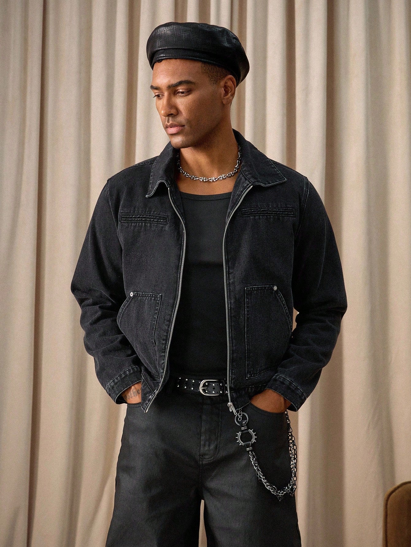 RivetRise Men Casual Washed Black Short Denim Jacket, Spring/Summer Punk Boyfriend