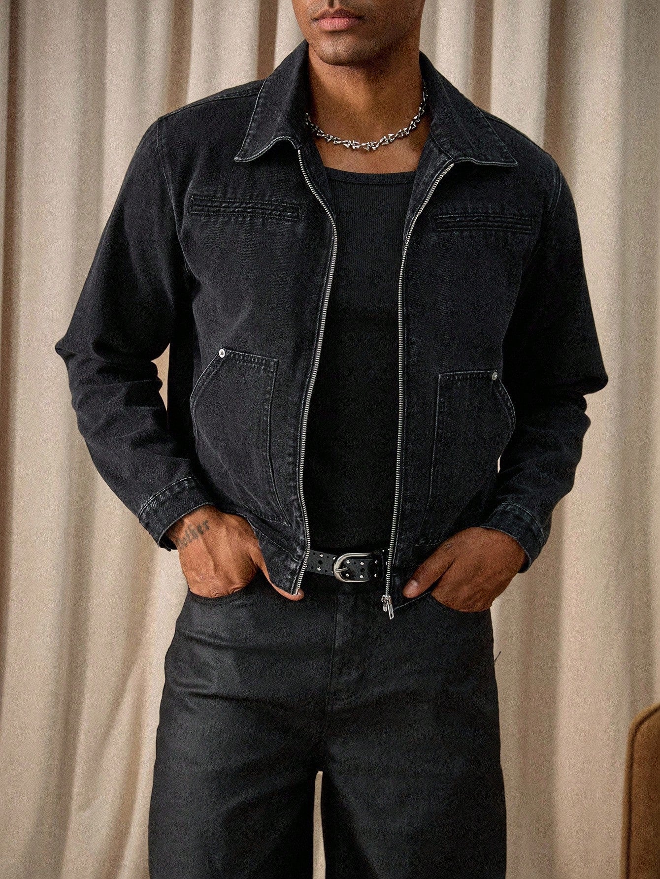 RivetRise Men Casual Washed Black Short Denim Jacket, Spring/Summer Punk Boyfriend