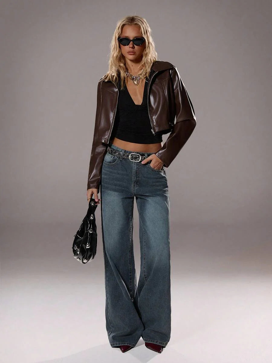 StreetHx Halloween Cropped Leather Zipper Jacket, Suitable For Autumn And Winter