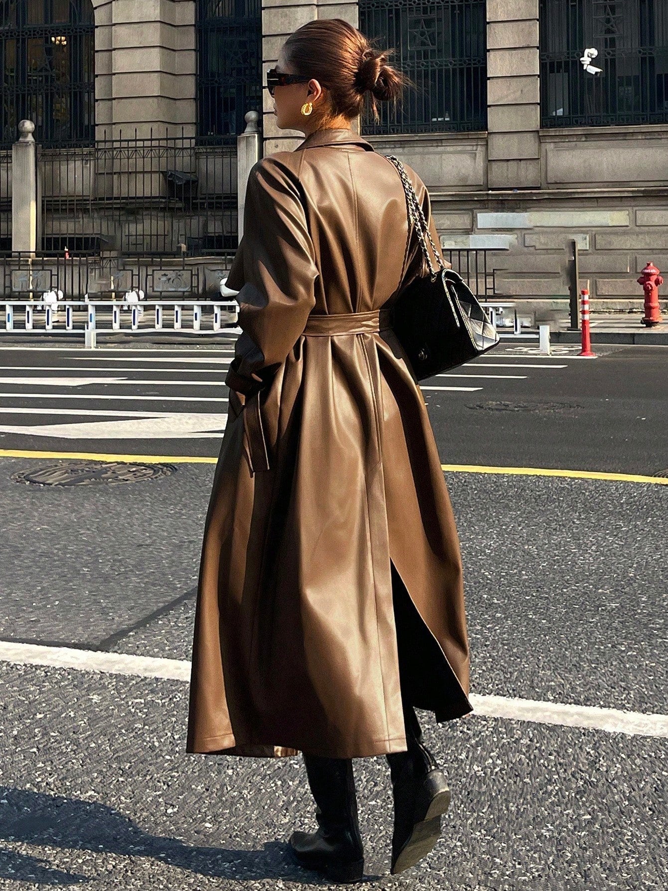 Livesso Women's Autumn PU Leather Lapel Waist Long Regular Jacket