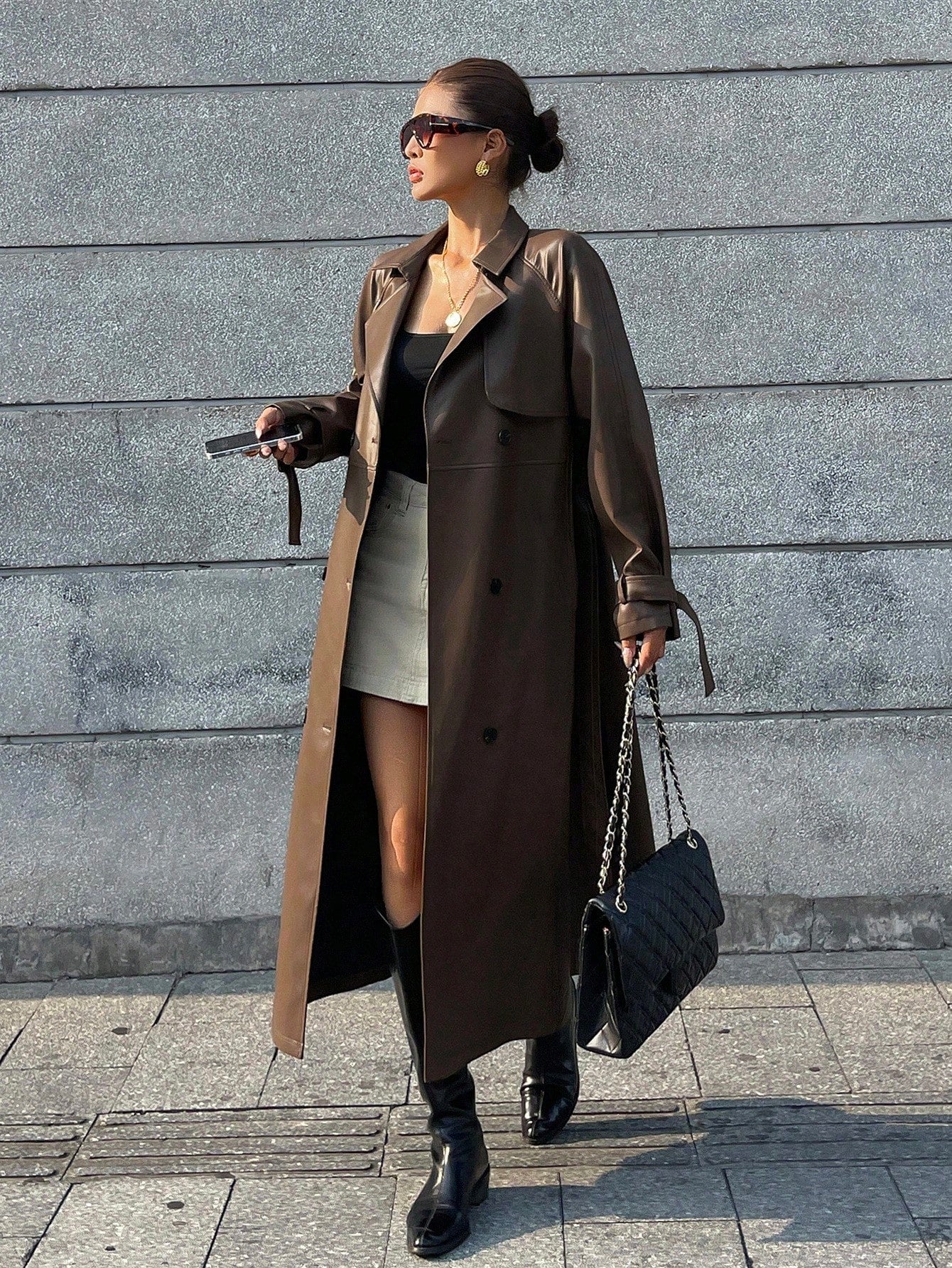 Livesso Women's Autumn PU Leather Lapel Waist Long Regular Jacket