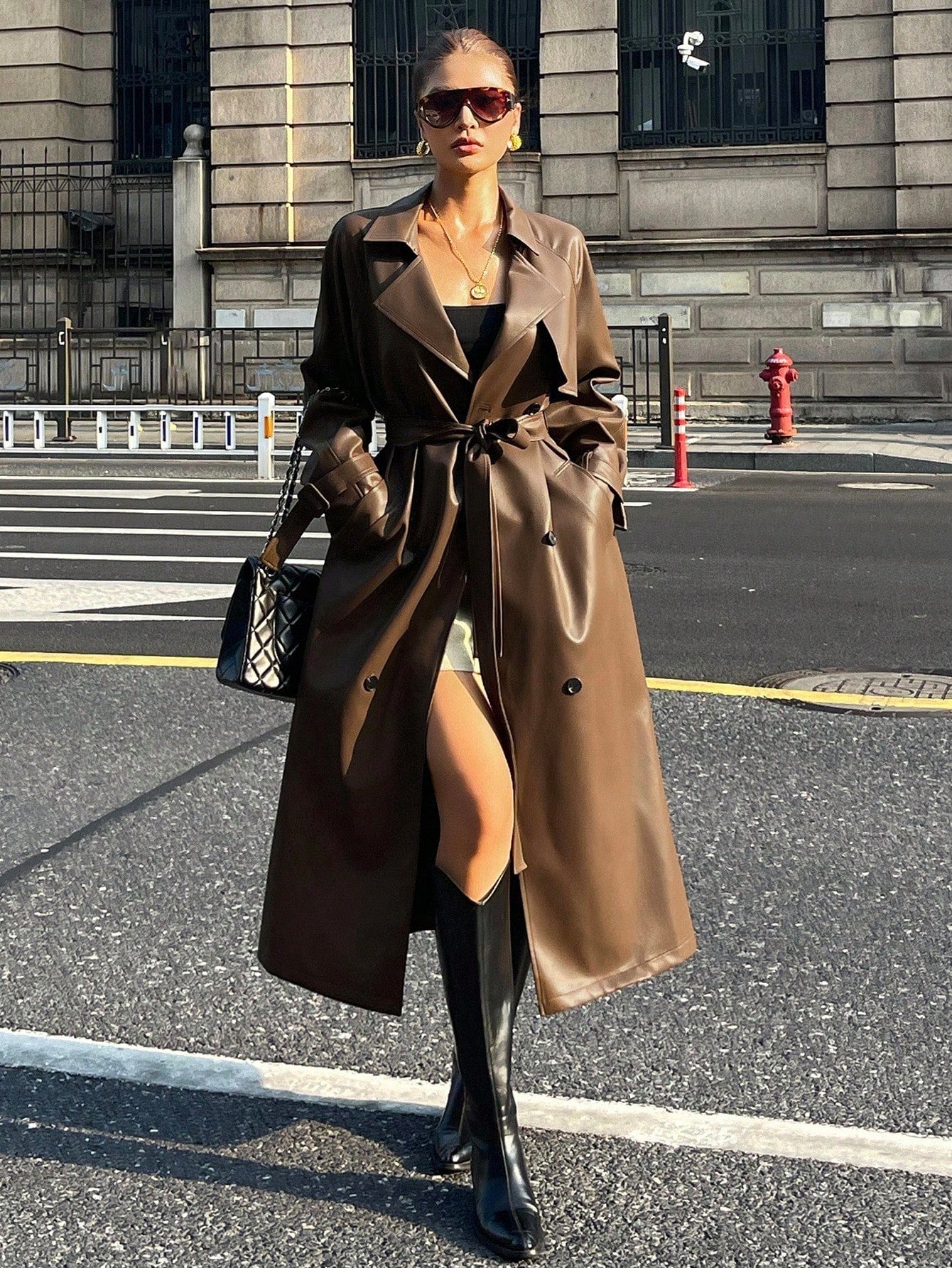 Livesso Women's Autumn PU Leather Lapel Waist Long Regular Jacket