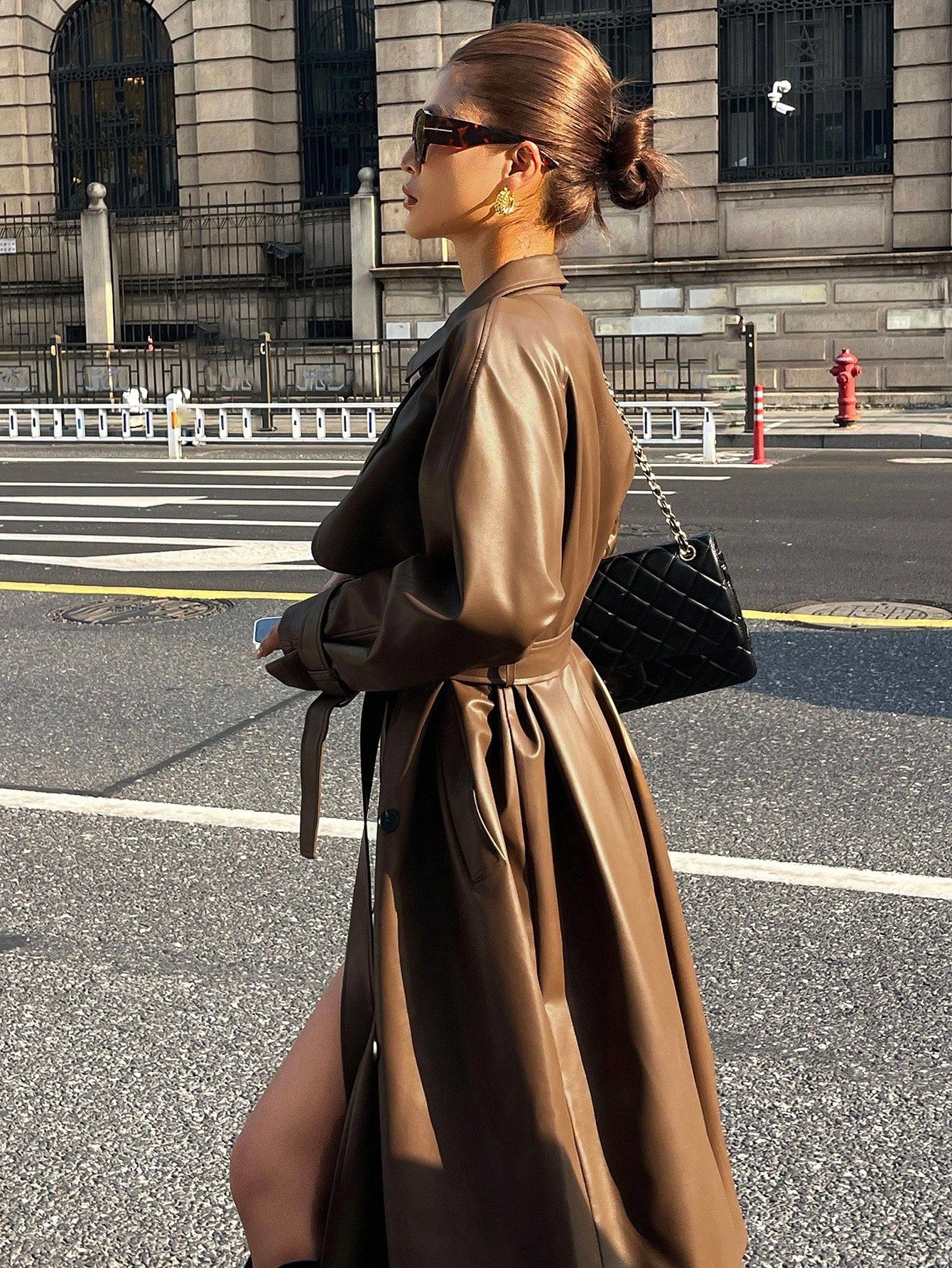 Livesso Women's Autumn PU Leather Lapel Waist Long Regular Jacket