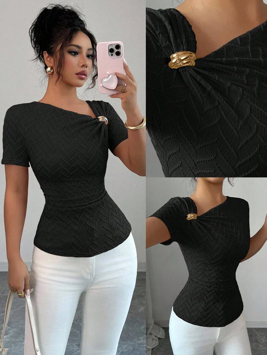 Elenzga Women's Elegant Asymmetric Neckline 3D Rose Gold Button Decor Short Sleeve T-Shirt