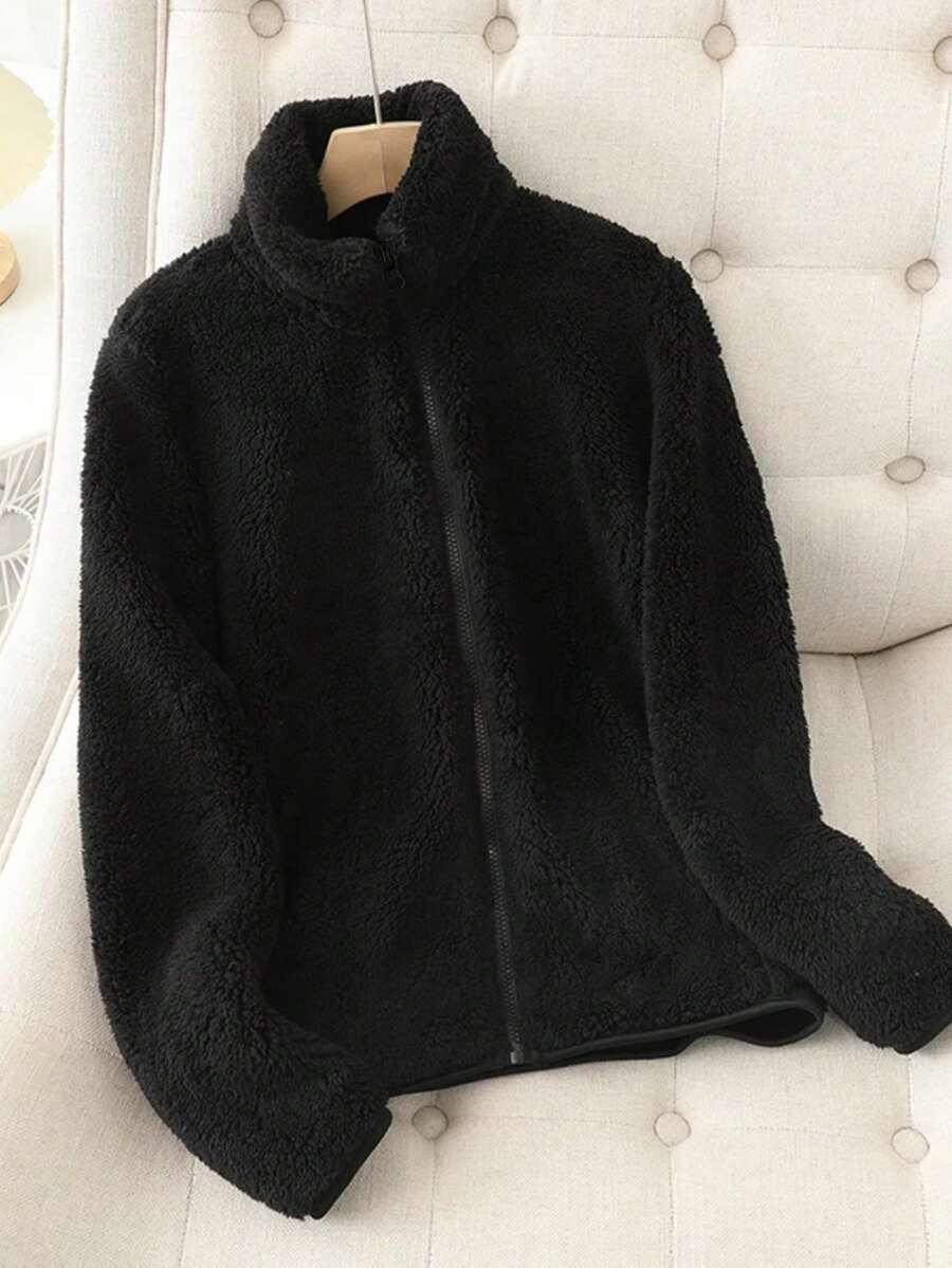 Women's Solid Color Thick Warm Double-Sided Fleece Zip-Up Jacket, Winter