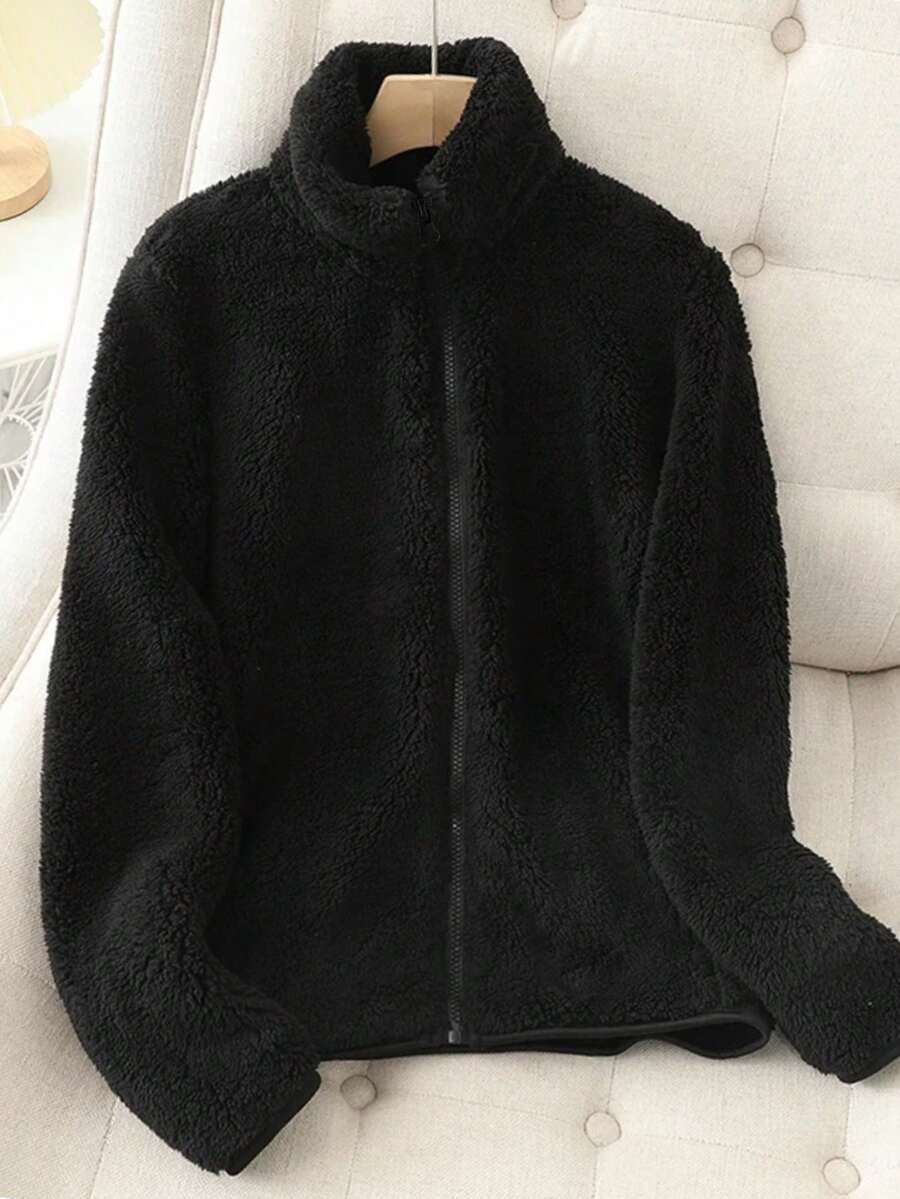 Women's Solid Color Thick Warm Double-Sided Fleece Zip-Up Jacket, Winter