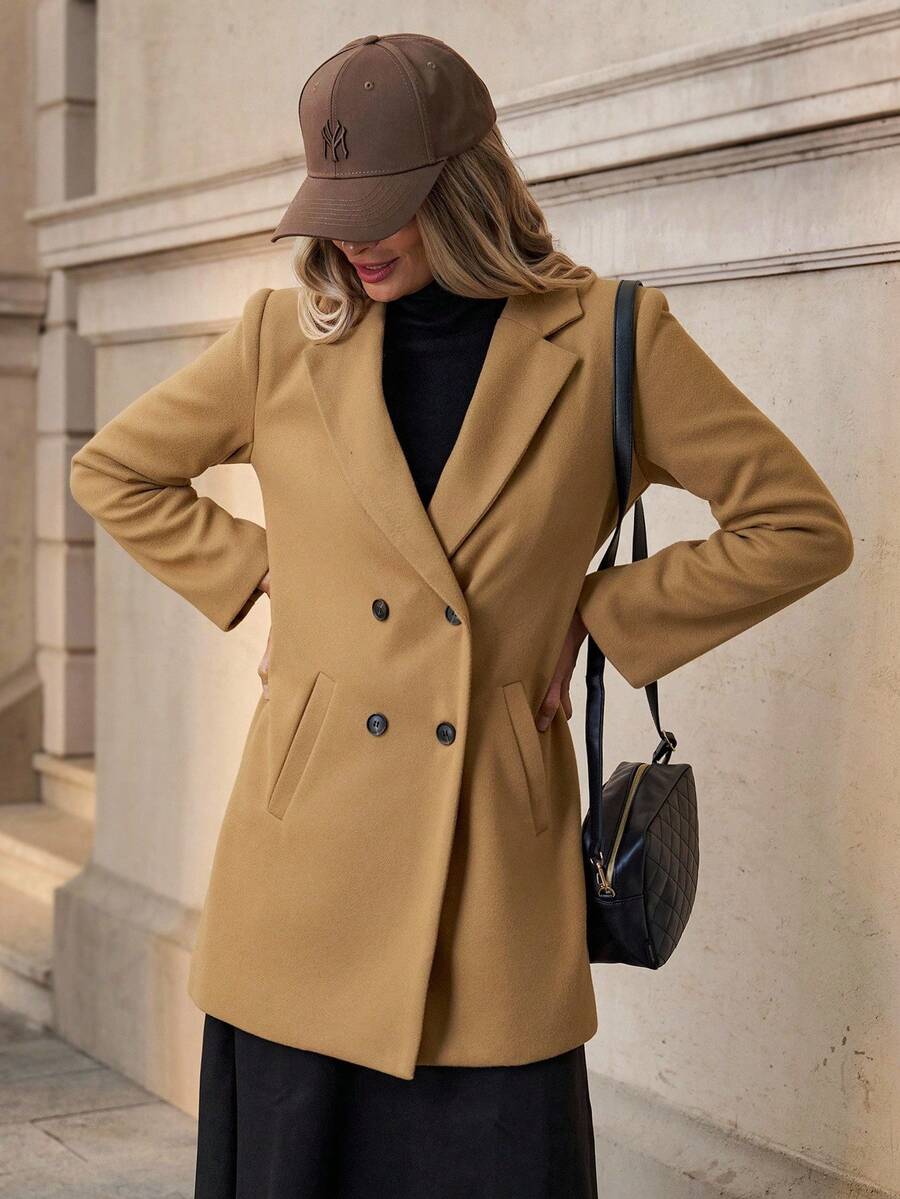 Clasi Women's Solid Color Double-Breasted Long Sleeve Woolen Windbreaker, Fashionable For Autumn/Winter