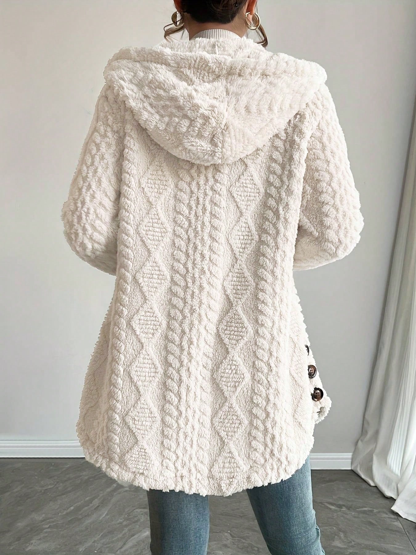 Women's Fashion Winter Coats Sherpa Fleece Faux Fur Hooded Jackets With Pockets Solid Color Fuzzy Warm Outerwear Clothing