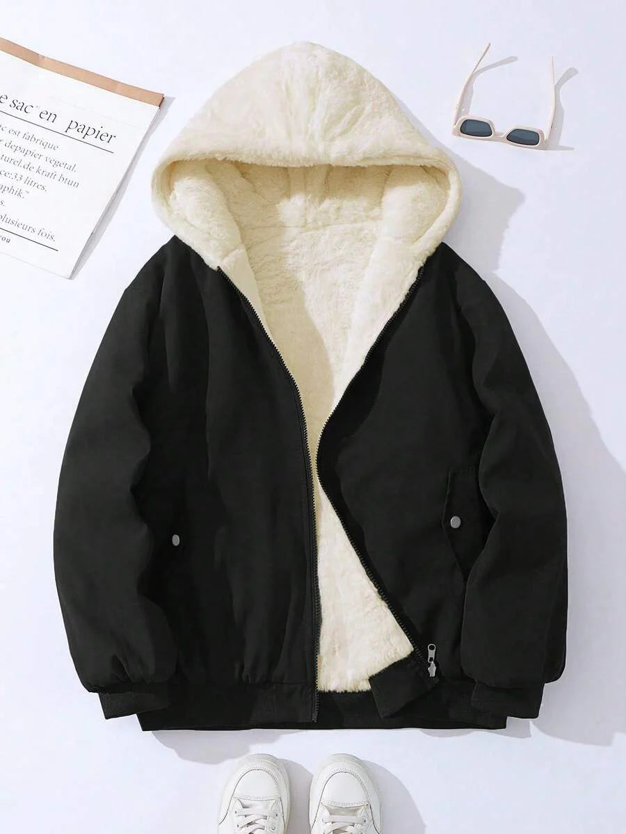 Women's Oversized Hooded Parka With Faux Fur Collar, Slimming Silhouette, Dual-Sided Wear, Daily Street Style, Short Jacket For Autumn/Winter