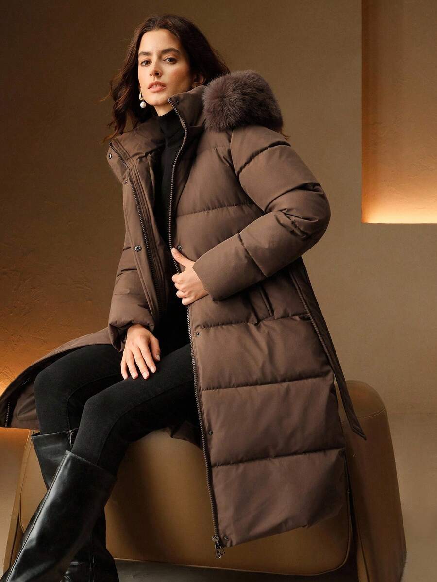 Anewsta Women's Fashionable Casual Coffee Color Long Cinched Waist Waist Hooded Detachable Faux Fur Collar Zip-Up Padded Coat