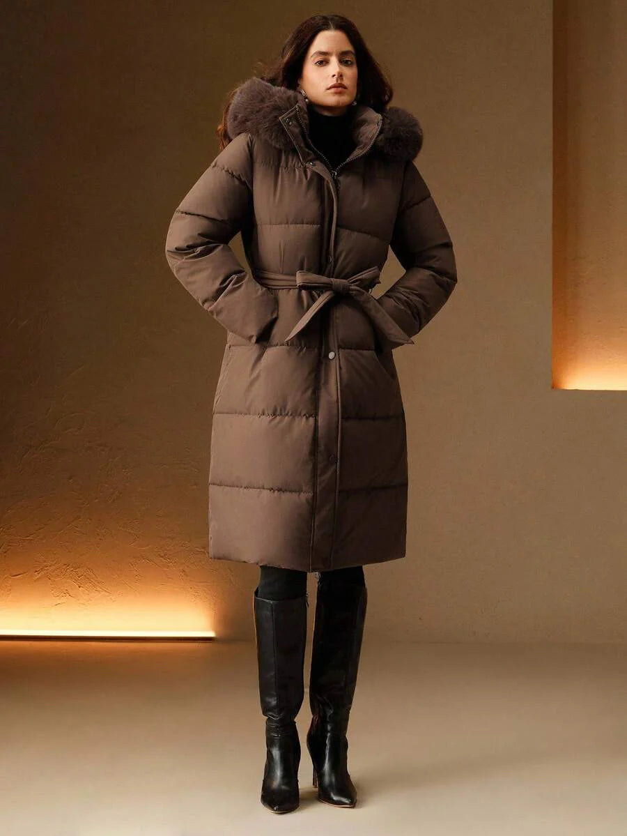Anewsta Women's Fashionable Casual Coffee Color Long Cinched Waist Waist Hooded Detachable Faux Fur Collar Zip-Up Padded Coat