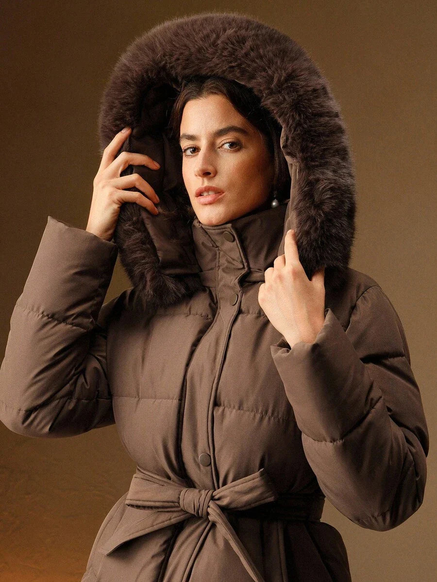 Anewsta Women's Fashionable Casual Coffee Color Long Cinched Waist Waist Hooded Detachable Faux Fur Collar Zip-Up Padded Coat