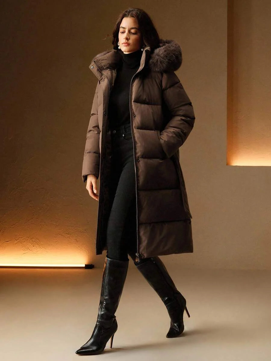 Anewsta Women's Fashionable Casual Coffee Color Long Cinched Waist Waist Hooded Detachable Faux Fur Collar Zip-Up Padded Coat