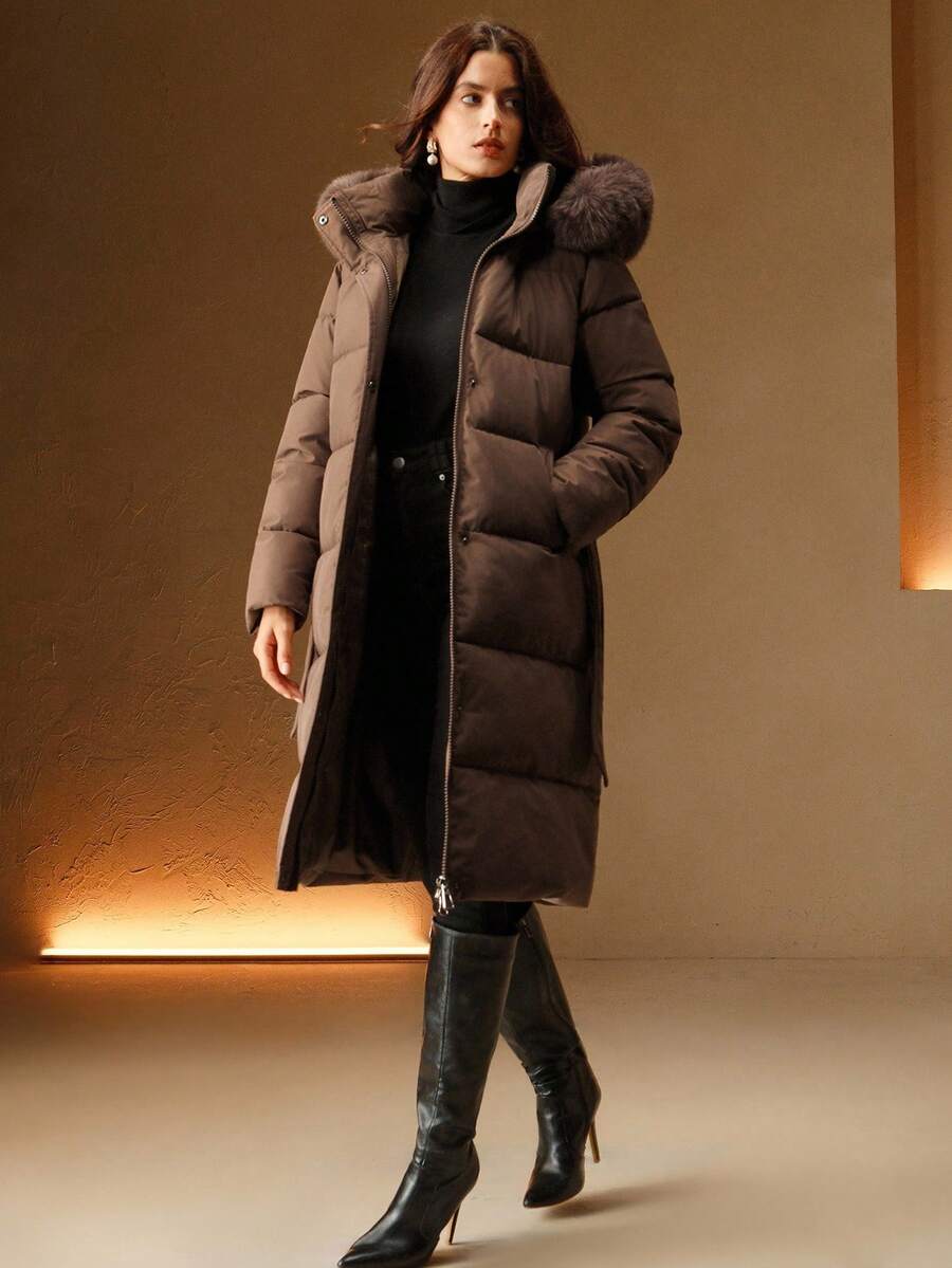 Anewsta Women's Fashionable Casual Coffee Color Long Cinched Waist Waist Hooded Detachable Faux Fur Collar Zip-Up Padded Coat