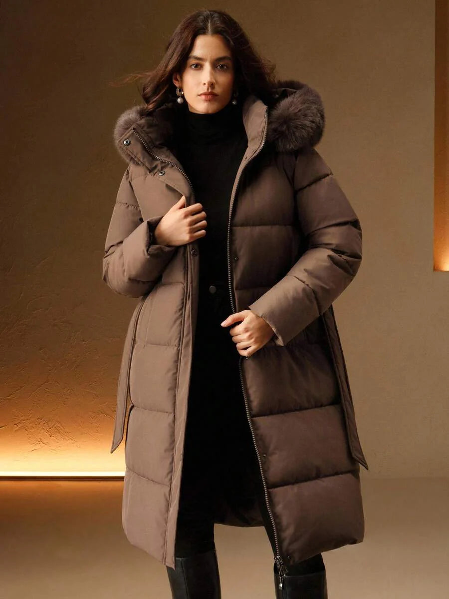 Anewsta Women's Fashionable Casual Coffee Color Long Cinched Waist Waist Hooded Detachable Faux Fur Collar Zip-Up Padded Coat