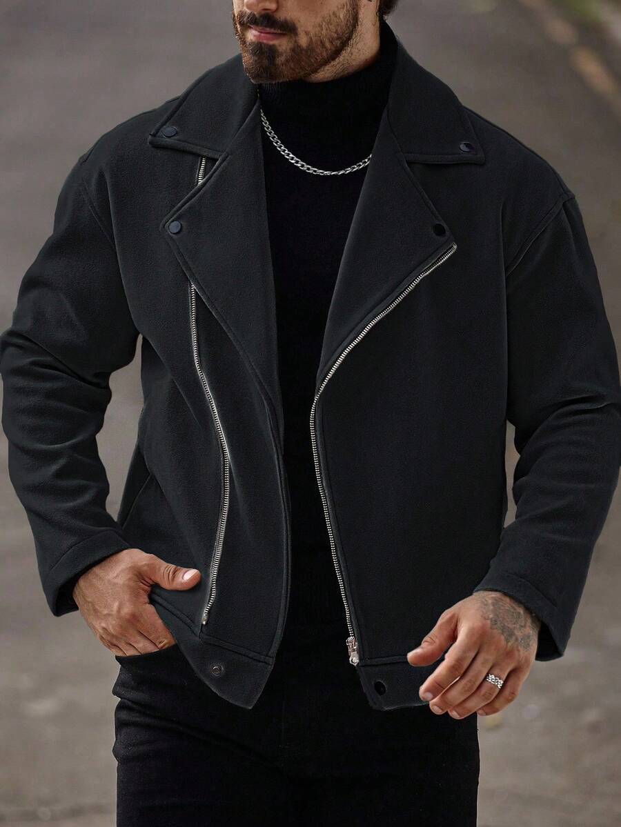 Manfinity Homme Men's Front Zipper Long Sleeve Minimalist Jacket, Casual Daily Wear