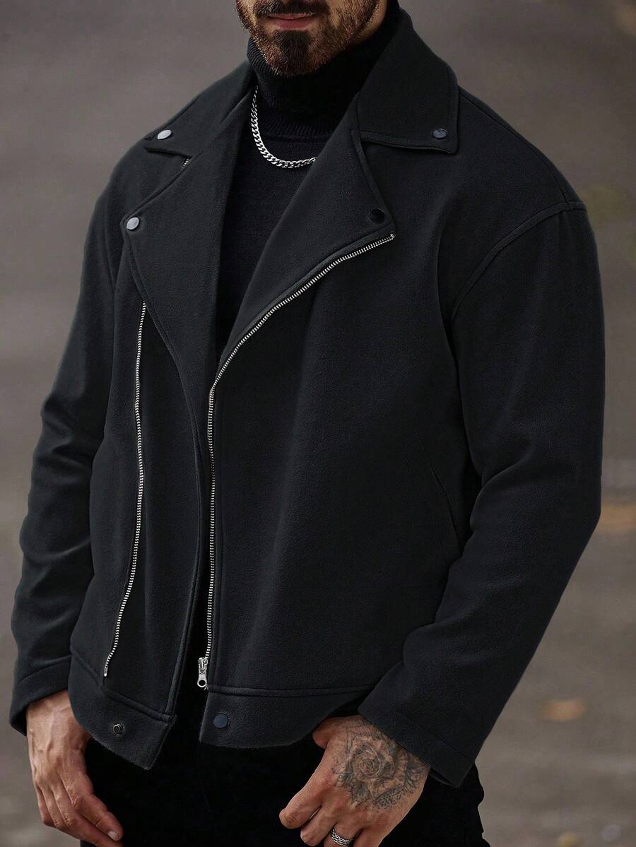 Manfinity Homme Men's Front Zipper Long Sleeve Minimalist Jacket, Casual Daily Wear
