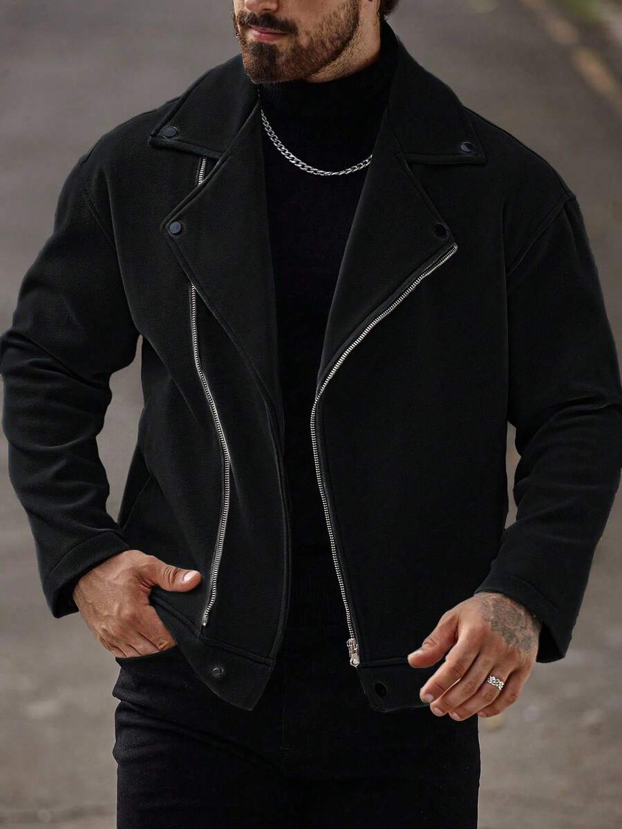 Manfinity Homme Men's Front Zipper Long Sleeve Minimalist Jacket, Casual Daily Wear