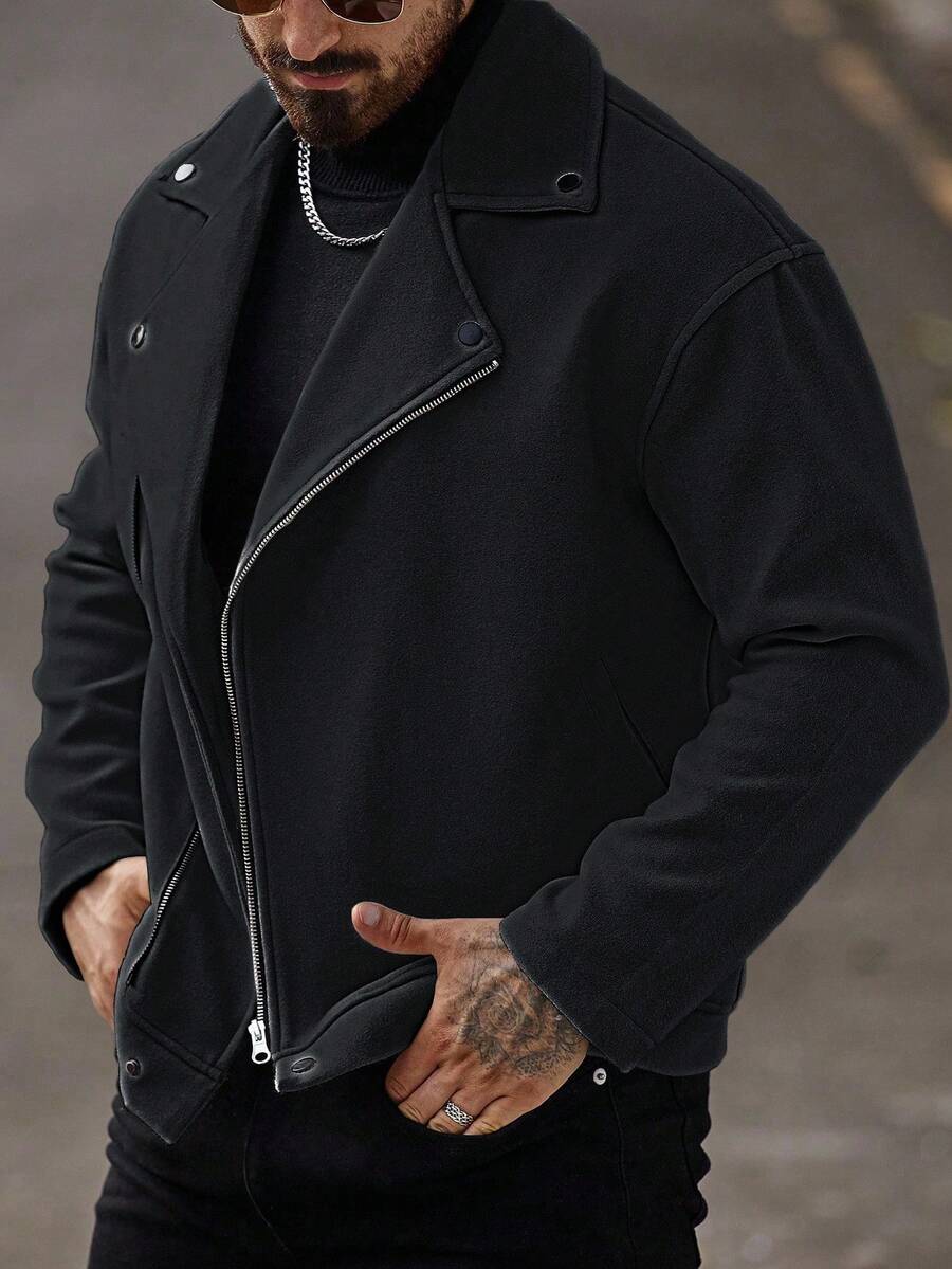Manfinity Homme Men's Front Zipper Long Sleeve Minimalist Jacket, Casual Daily Wear