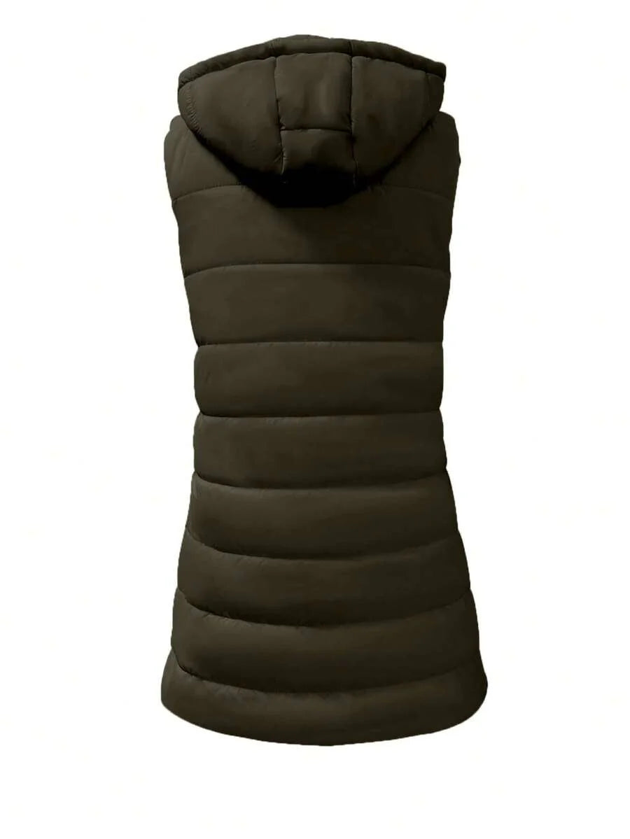 Elegant Women's Thickened Warm Hooded Vest - Solid Color, Long Sleeve, All Season Jacket, Fashionable Streetwear, All Season Coat, Chic Streetwear, Outerwear, Solid Color Zipper Pocket With Drawstring