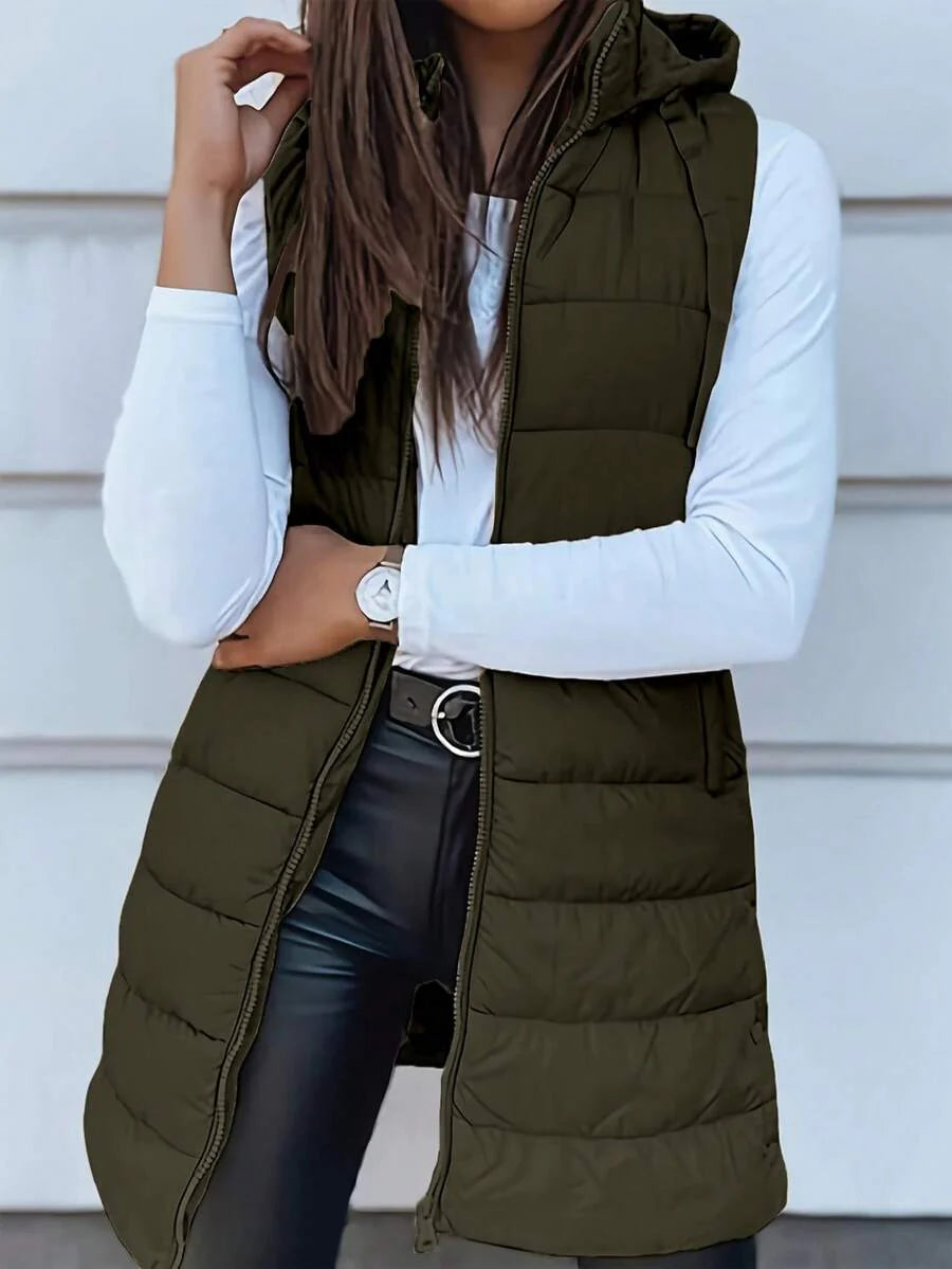 Elegant Women's Thickened Warm Hooded Vest - Solid Color, Long Sleeve, All Season Jacket, Fashionable Streetwear, All Season Coat, Chic Streetwear, Outerwear, Solid Color Zipper Pocket With Drawstring