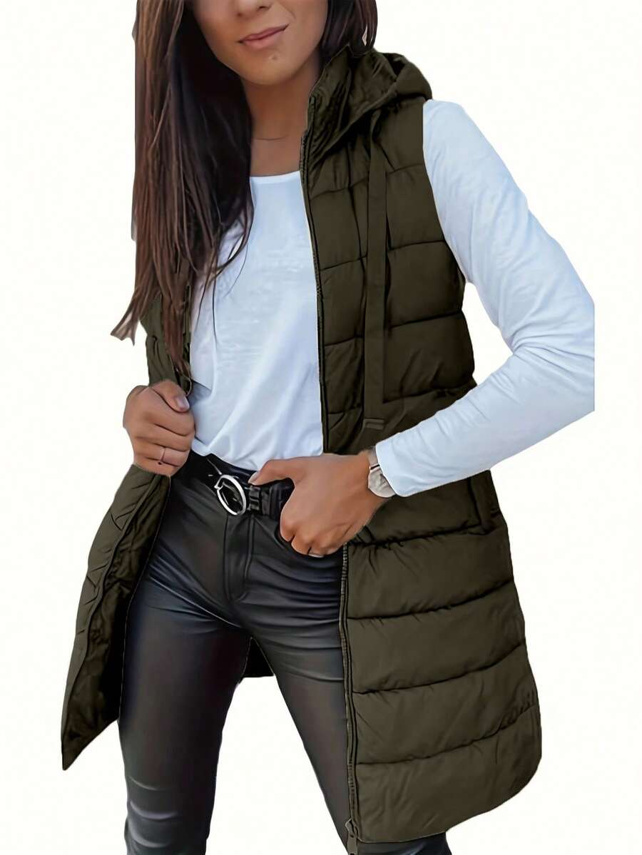 Elegant Women's Thickened Warm Hooded Vest - Solid Color, Long Sleeve, All Season Jacket, Fashionable Streetwear, All Season Coat, Chic Streetwear, Outerwear, Solid Color Zipper Pocket With Drawstring