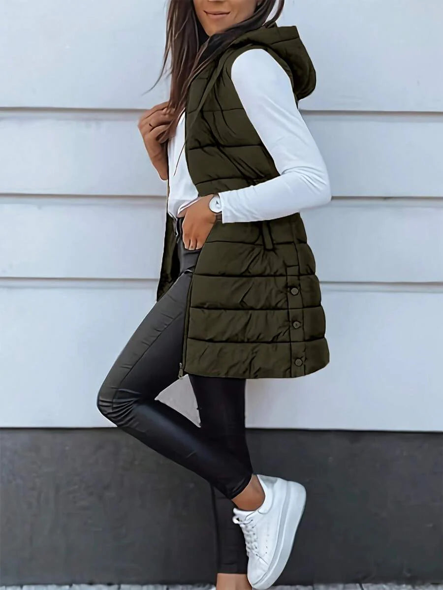 Elegant Women's Thickened Warm Hooded Vest - Solid Color, Long Sleeve, All Season Jacket, Fashionable Streetwear, All Season Coat, Chic Streetwear, Outerwear, Solid Color Zipper Pocket With Drawstring