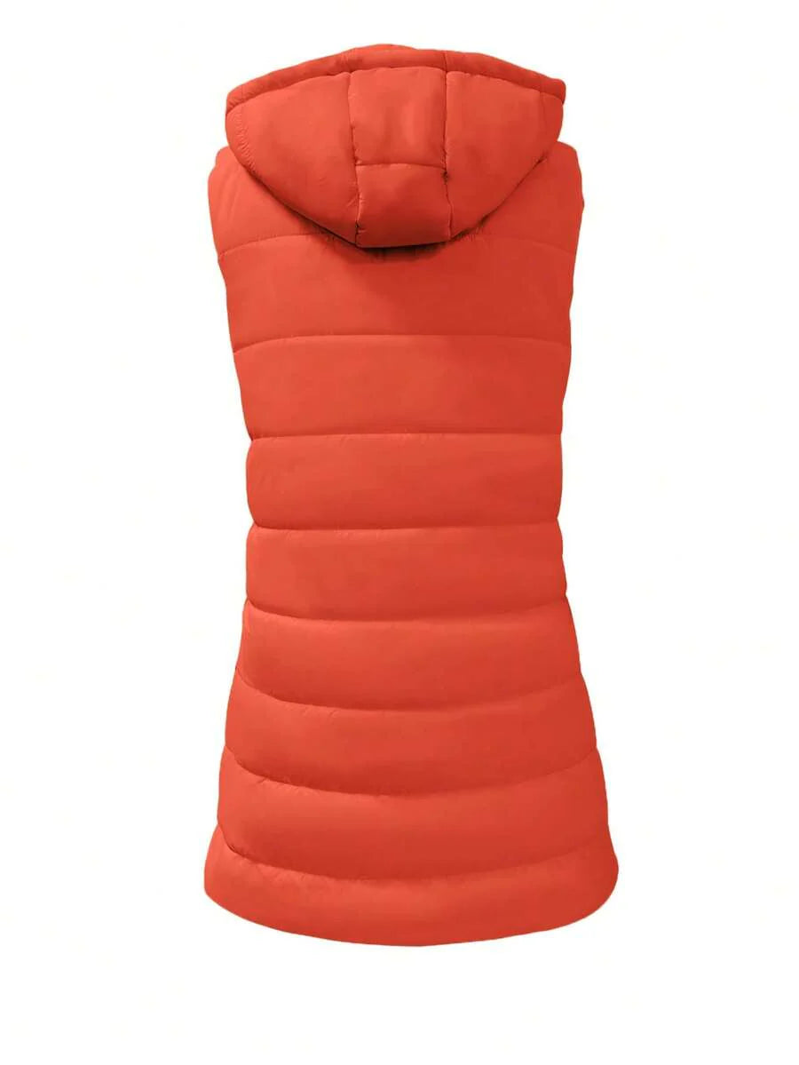 Elegant Women's Thickened Warm Hooded Vest - Solid Color, Long Sleeve, All Season Jacket, Fashionable Streetwear, All Season Coat, Chic Streetwear, Outerwear, Solid Color Zipper Pocket With Drawstring