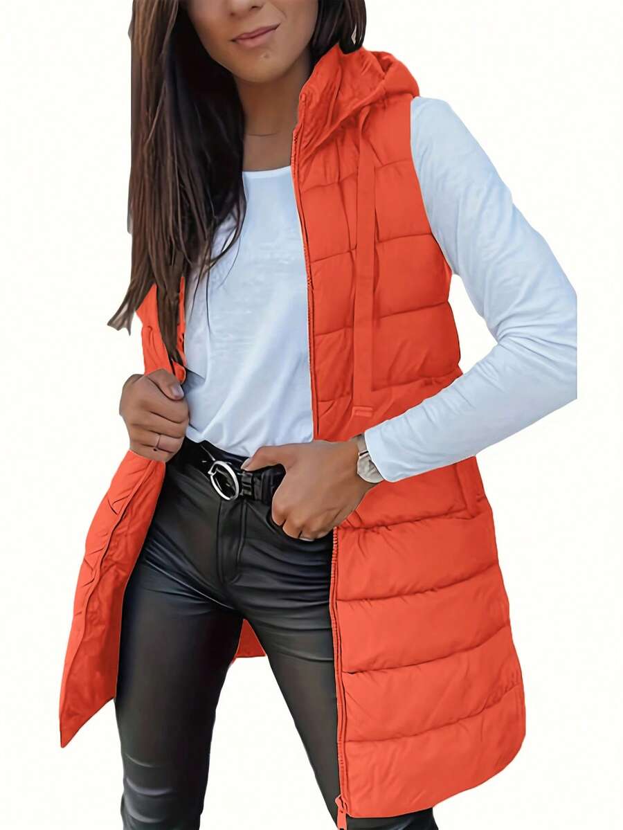 Elegant Women's Thickened Warm Hooded Vest - Solid Color, Long Sleeve, All Season Jacket, Fashionable Streetwear, All Season Coat, Chic Streetwear, Outerwear, Solid Color Zipper Pocket With Drawstring
