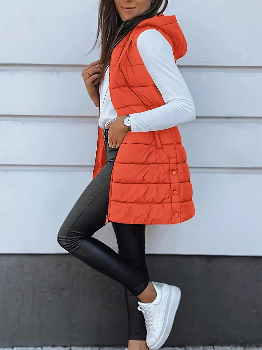 Elegant Women's Thickened Warm Hooded Vest - Solid Color, Long Sleeve, All Season Jacket, Fashionable Streetwear, All Season Coat, Chic Streetwear, Outerwear, Solid Color Zipper Pocket With Drawstring