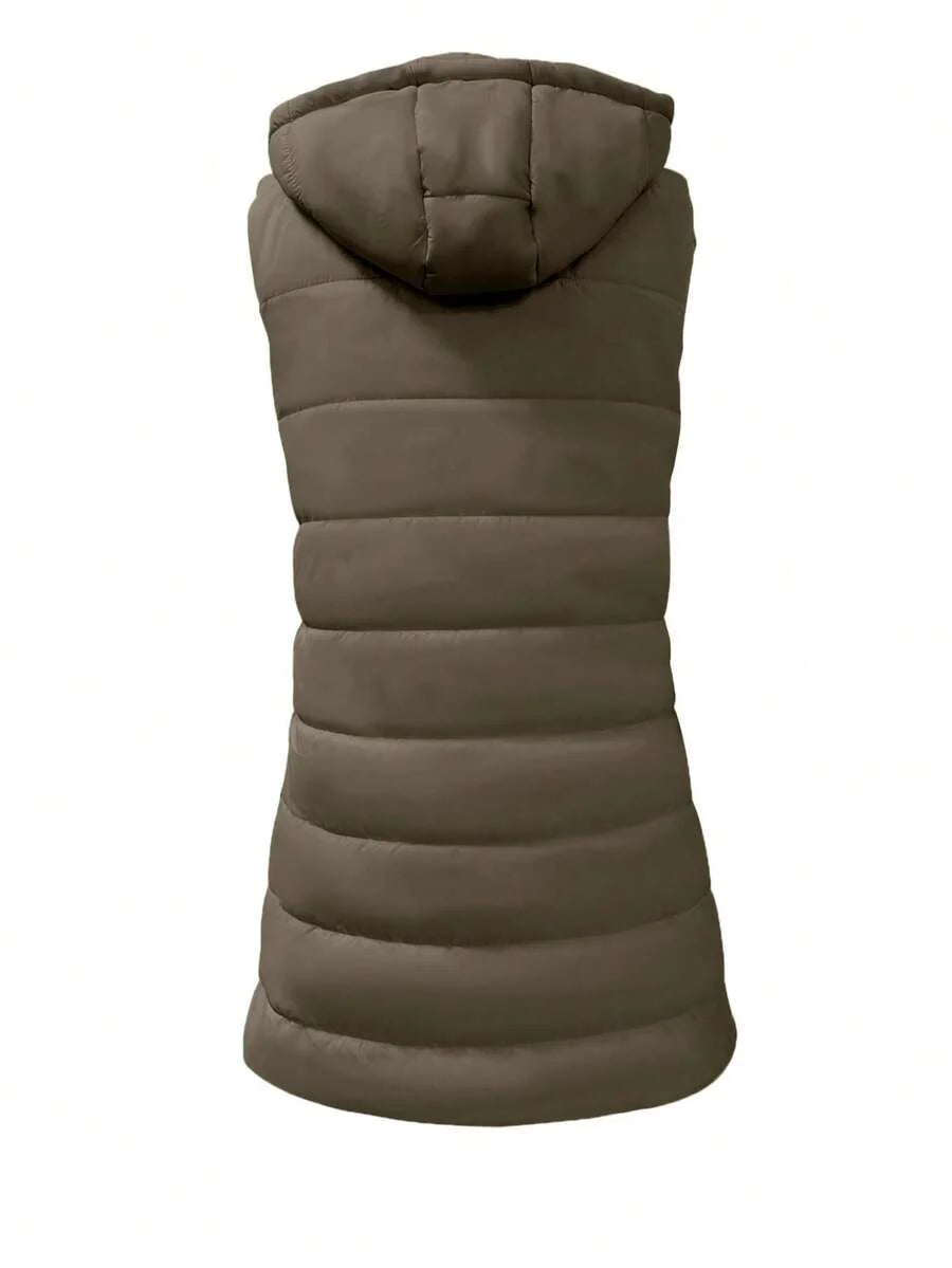Elegant Women's Thickened Warm Hooded Vest - Solid Color, Long Sleeve, All Season Jacket, Fashionable Streetwear, All Season Coat, Chic Streetwear, Outerwear, Solid Color Zipper Pocket With Drawstring