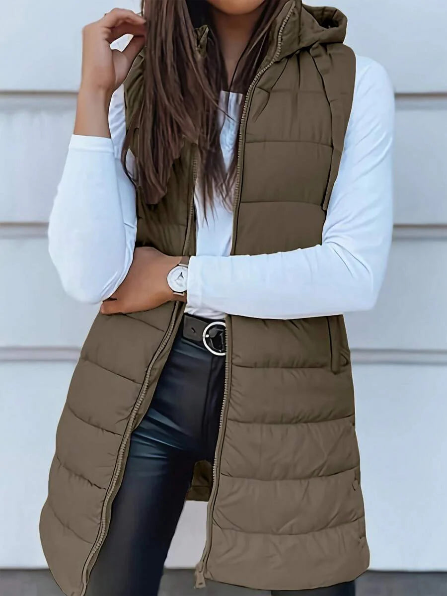 Elegant Women's Thickened Warm Hooded Vest - Solid Color, Long Sleeve, All Season Jacket, Fashionable Streetwear, All Season Coat, Chic Streetwear, Outerwear, Solid Color Zipper Pocket With Drawstring