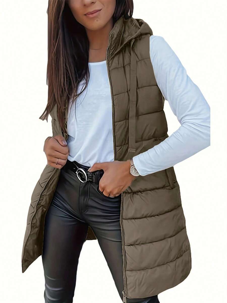 Elegant Women's Thickened Warm Hooded Vest - Solid Color, Long Sleeve, All Season Jacket, Fashionable Streetwear, All Season Coat, Chic Streetwear, Outerwear, Solid Color Zipper Pocket With Drawstring