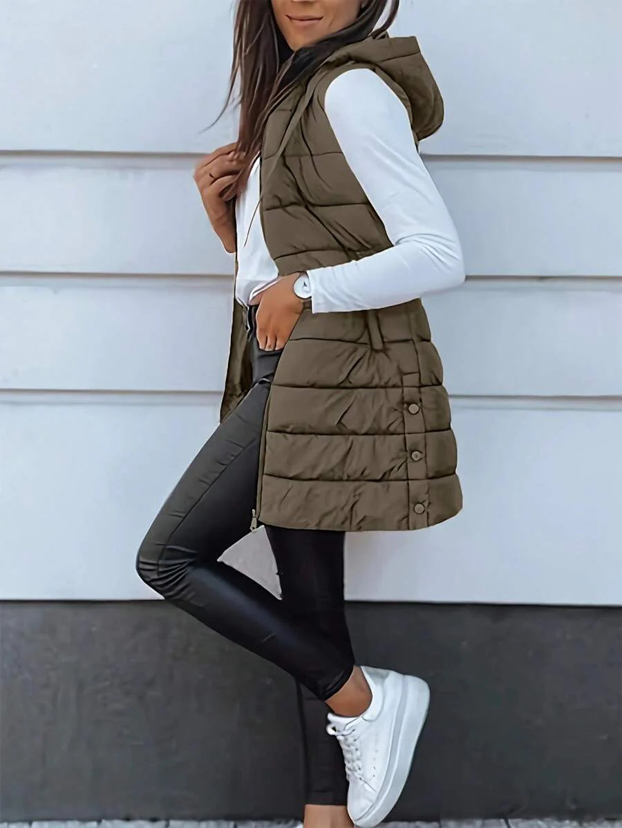 Elegant Women's Thickened Warm Hooded Vest - Solid Color, Long Sleeve, All Season Jacket, Fashionable Streetwear, All Season Coat, Chic Streetwear, Outerwear, Solid Color Zipper Pocket With Drawstring