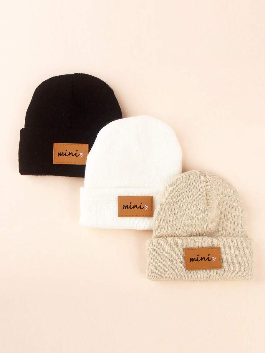 3pcs Infant Toddler Kids Knitted Double Pom-Pom Ear Ion Beanies, Thin