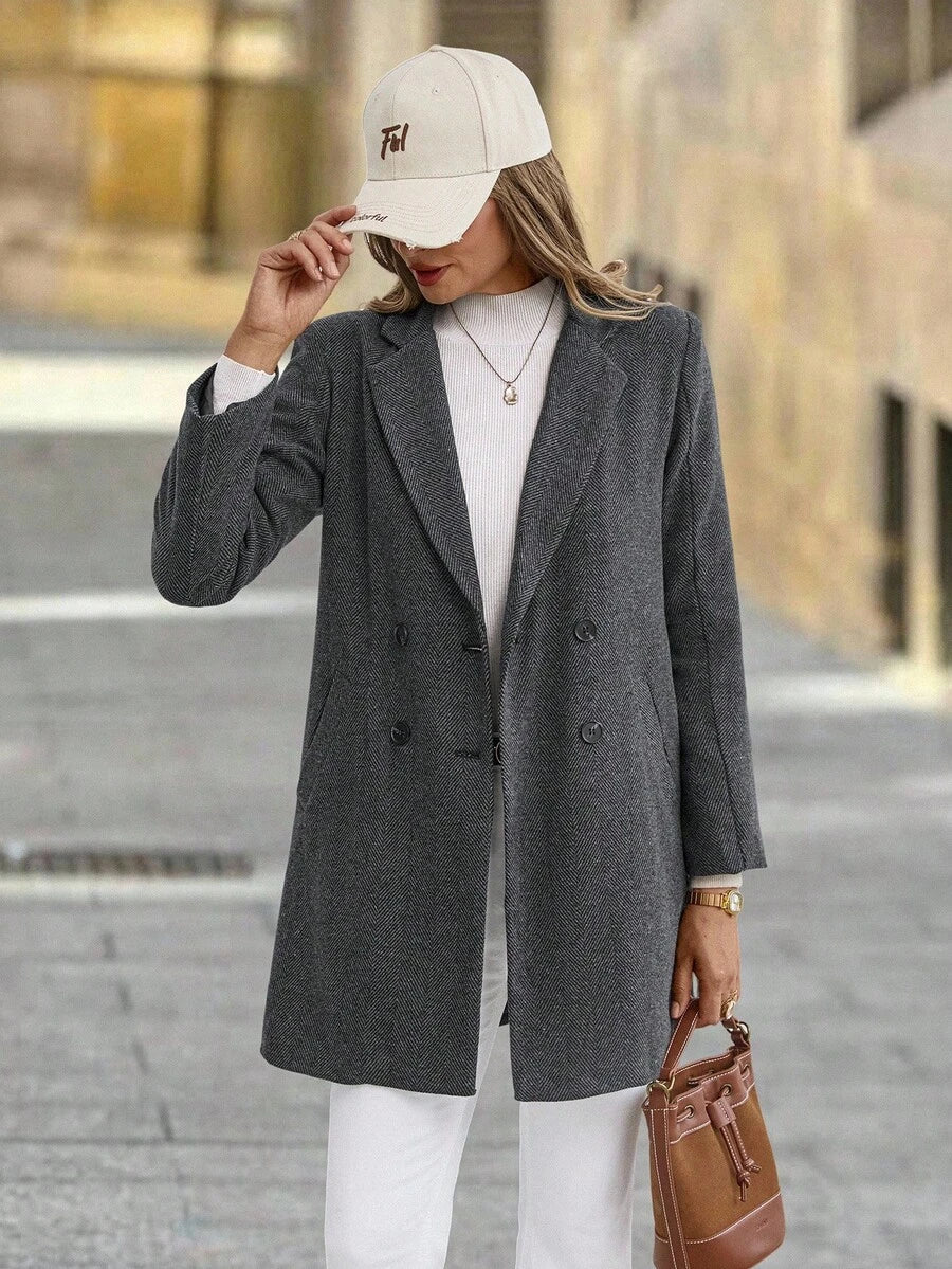 Clasi Women's Solid Color Double-Breasted Long Sleeve Woolen Windbreaker, Fashionable For Autumn/Winter