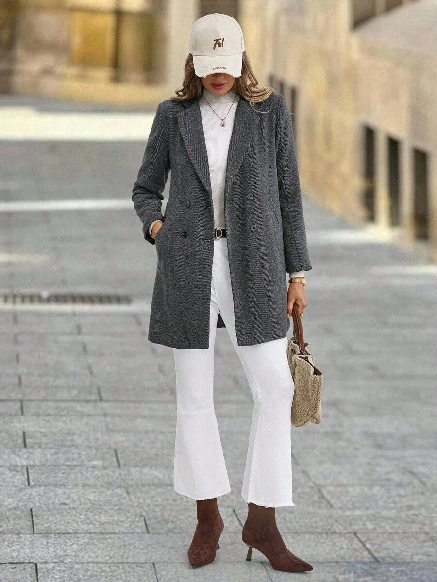 Clasi Women's Solid Color Double-Breasted Long Sleeve Woolen Windbreaker, Fashionable For Autumn/Winter