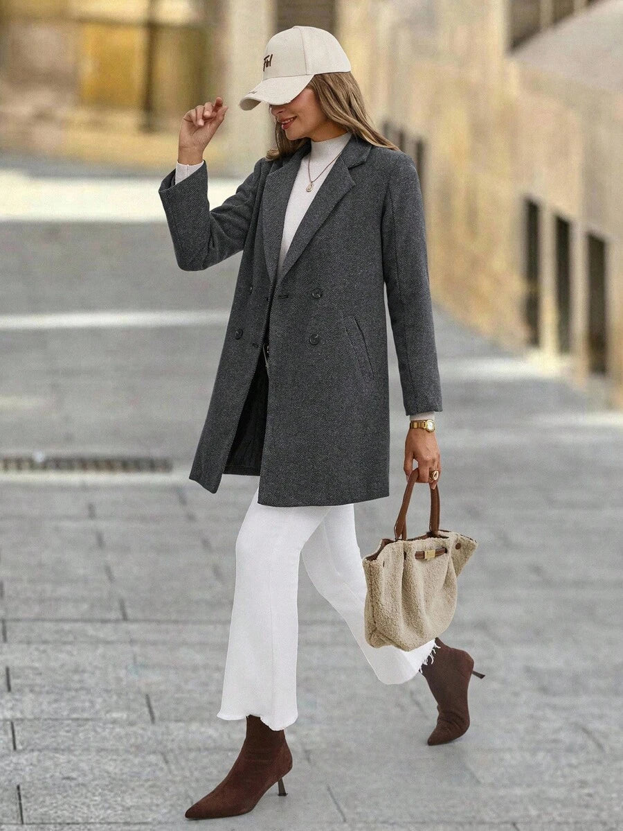 Clasi Women's Solid Color Double-Breasted Long Sleeve Woolen Windbreaker, Fashionable For Autumn/Winter