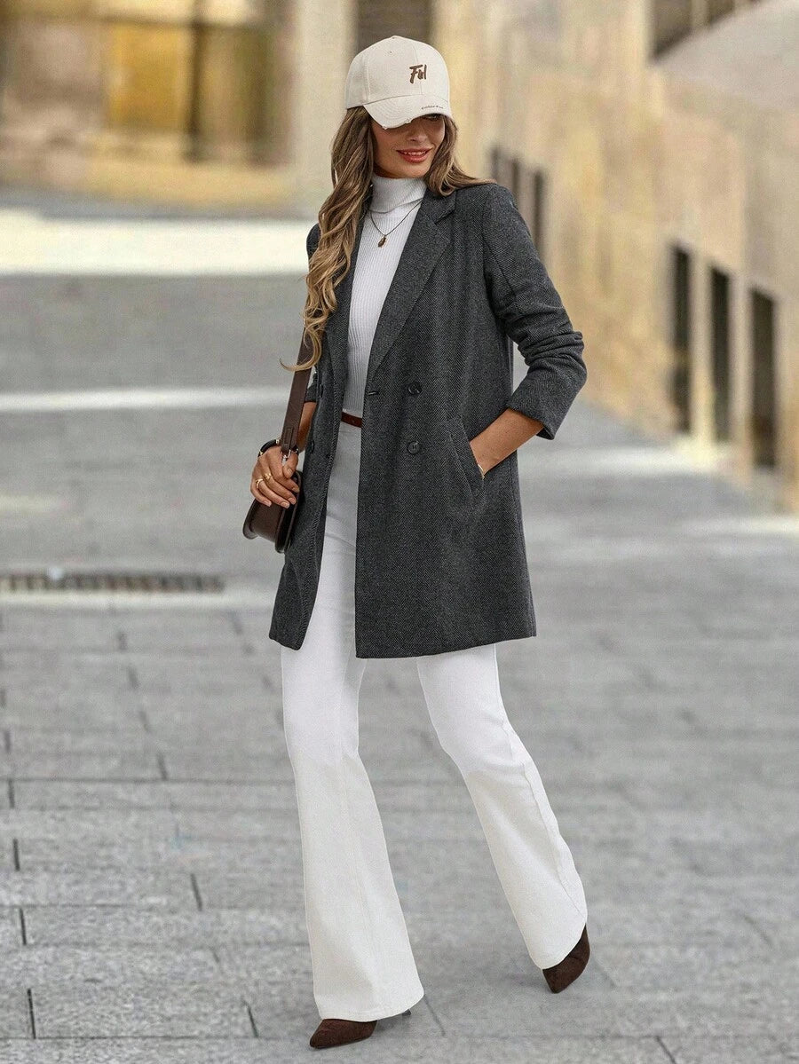 Clasi Women's Solid Color Double-Breasted Long Sleeve Woolen Windbreaker, Fashionable For Autumn/Winter