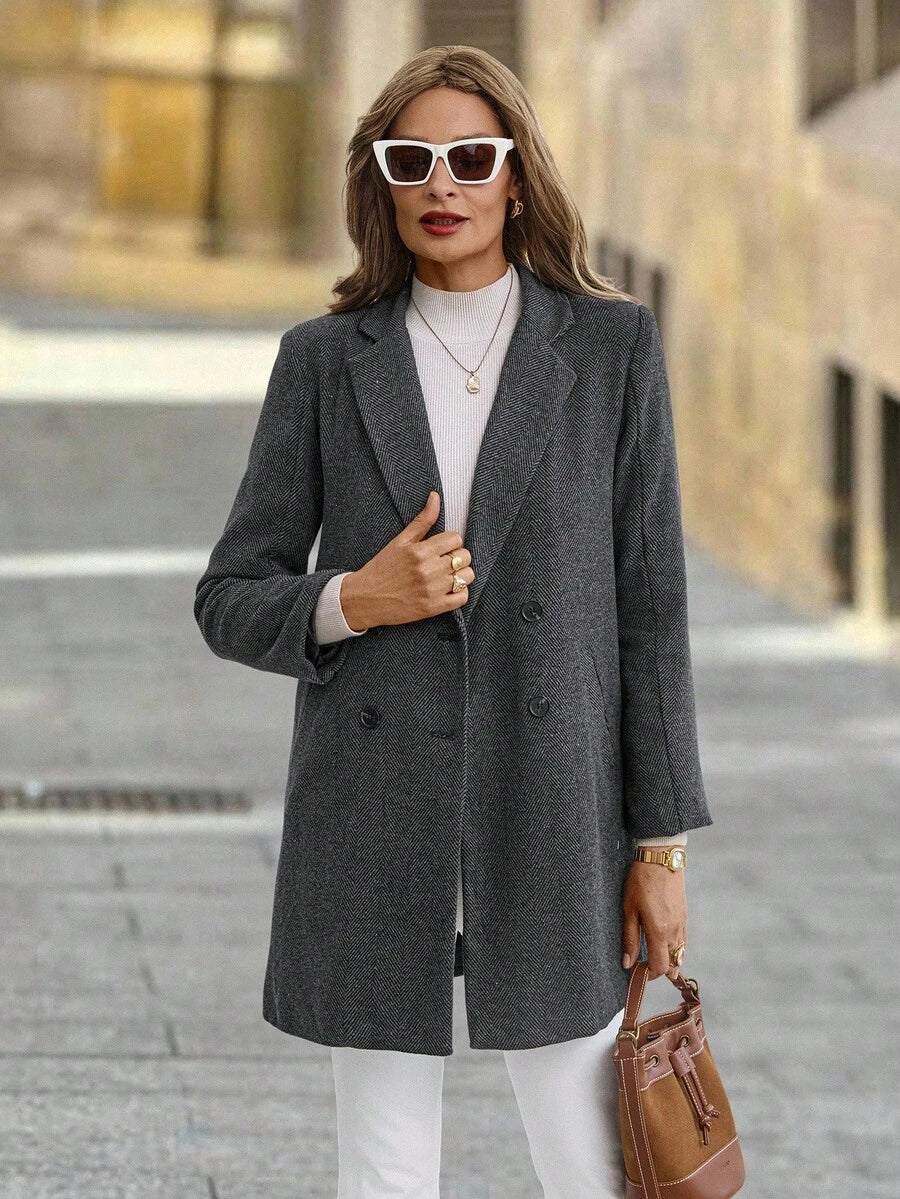 Clasi Women's Solid Color Double-Breasted Long Sleeve Woolen Windbreaker, Fashionable For Autumn/Winter