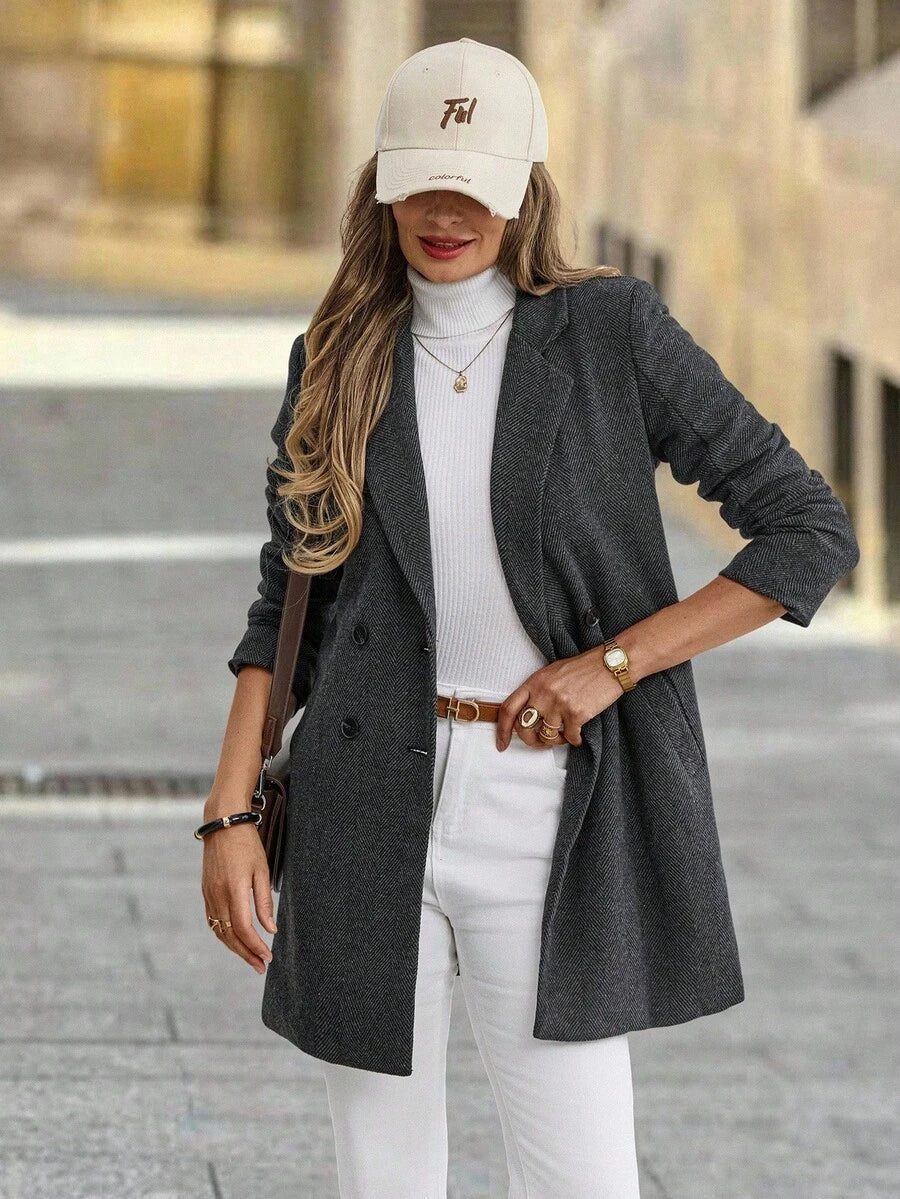 Clasi Women's Solid Color Double-Breasted Long Sleeve Woolen Windbreaker, Fashionable For Autumn/Winter