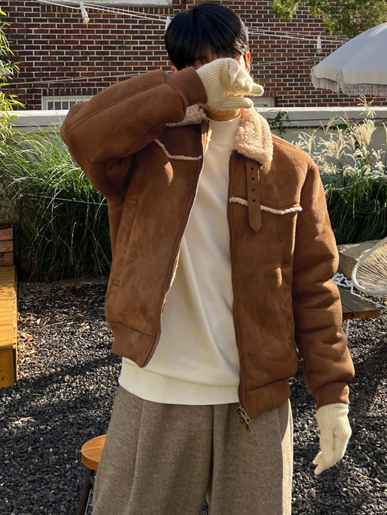 DAZY Men's Jacket With Contrast Color Collar, Suede Lining And Sherpa Fleece, Suitable For Autumn