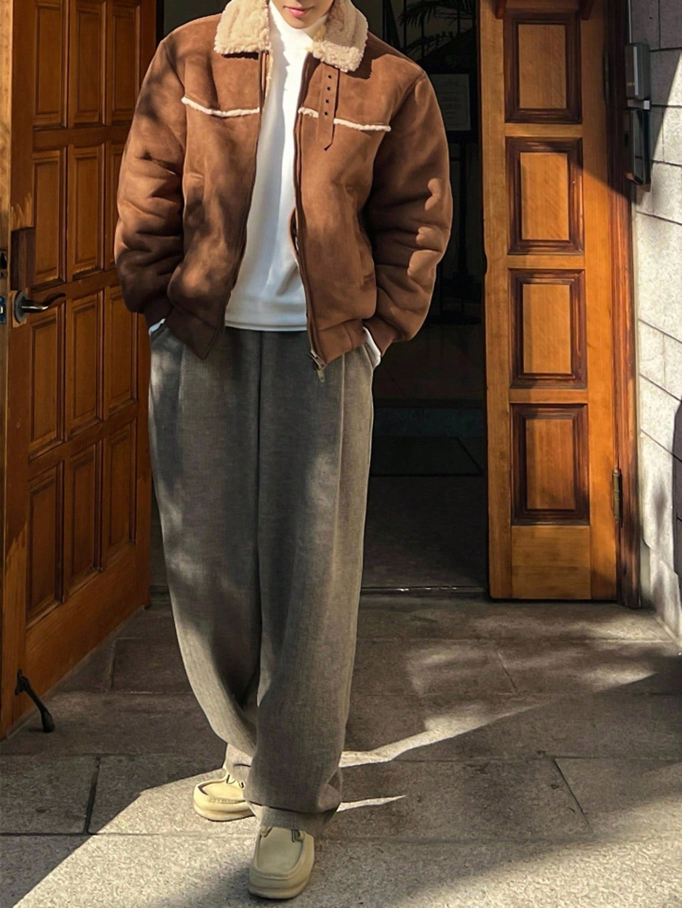 DAZY Men's Jacket With Contrast Color Collar, Suede Lining And Sherpa Fleece, Suitable For Autumn