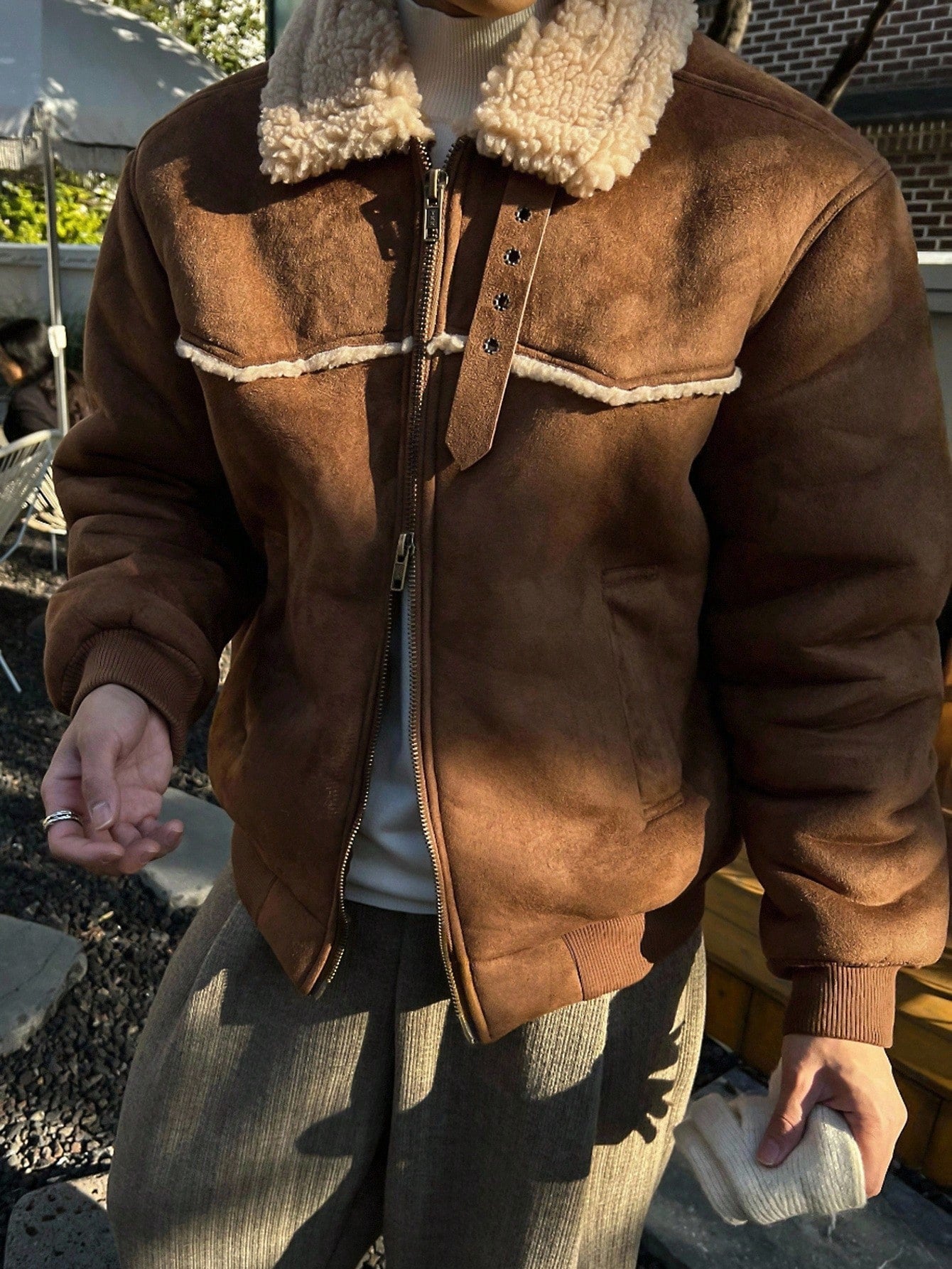 DAZY Men's Jacket With Contrast Color Collar, Suede Lining And Sherpa Fleece, Suitable For Autumn