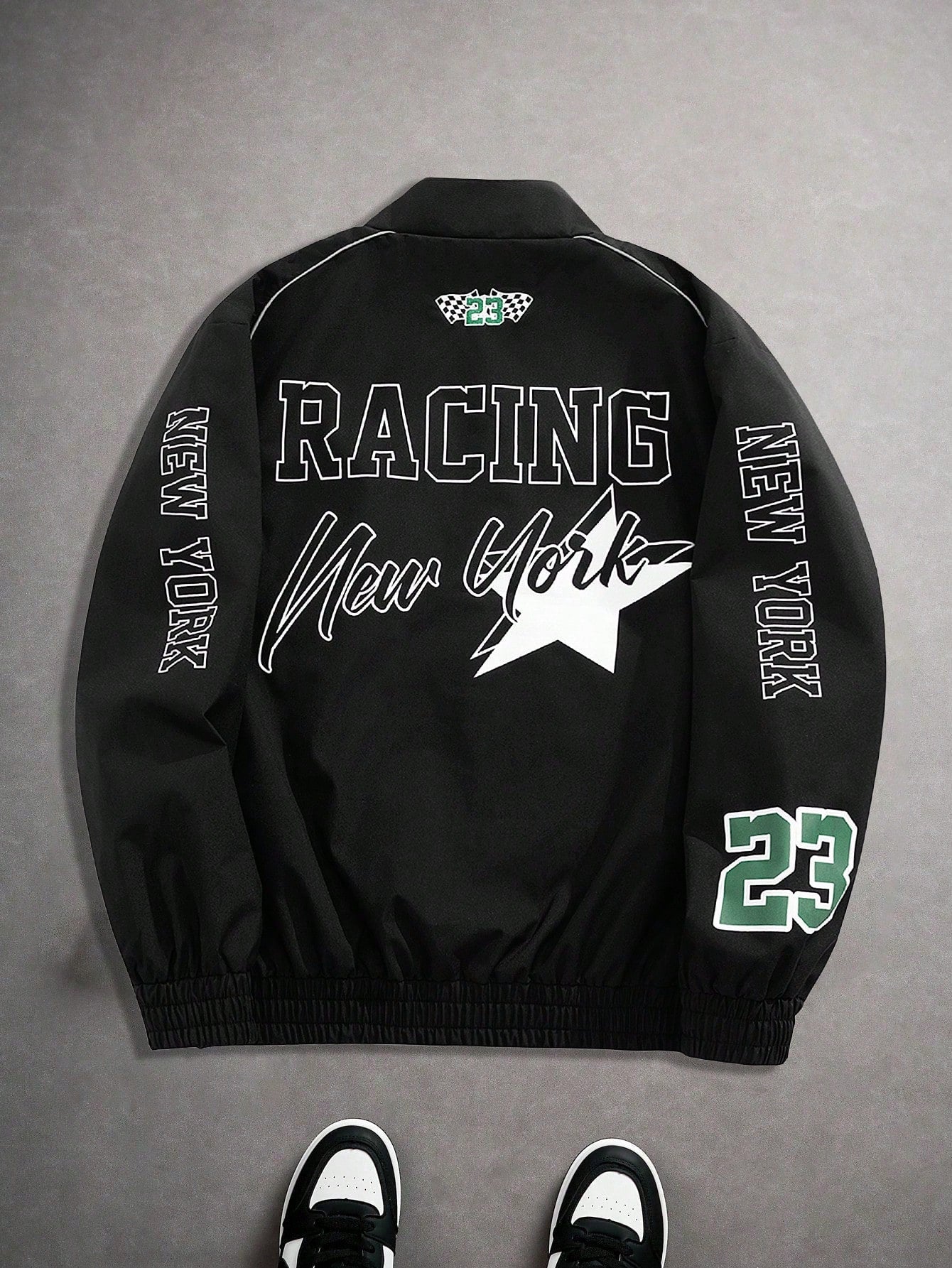 Men's Casual Letter Printed Long Sleeve Jacket,Stand Collar Rave Jacket, Spring & Fall Going Out Street Wear Racing Jacket Black Biker Jacket, For Friends, Husband, Boyfriend Gifts, Spring Autumn