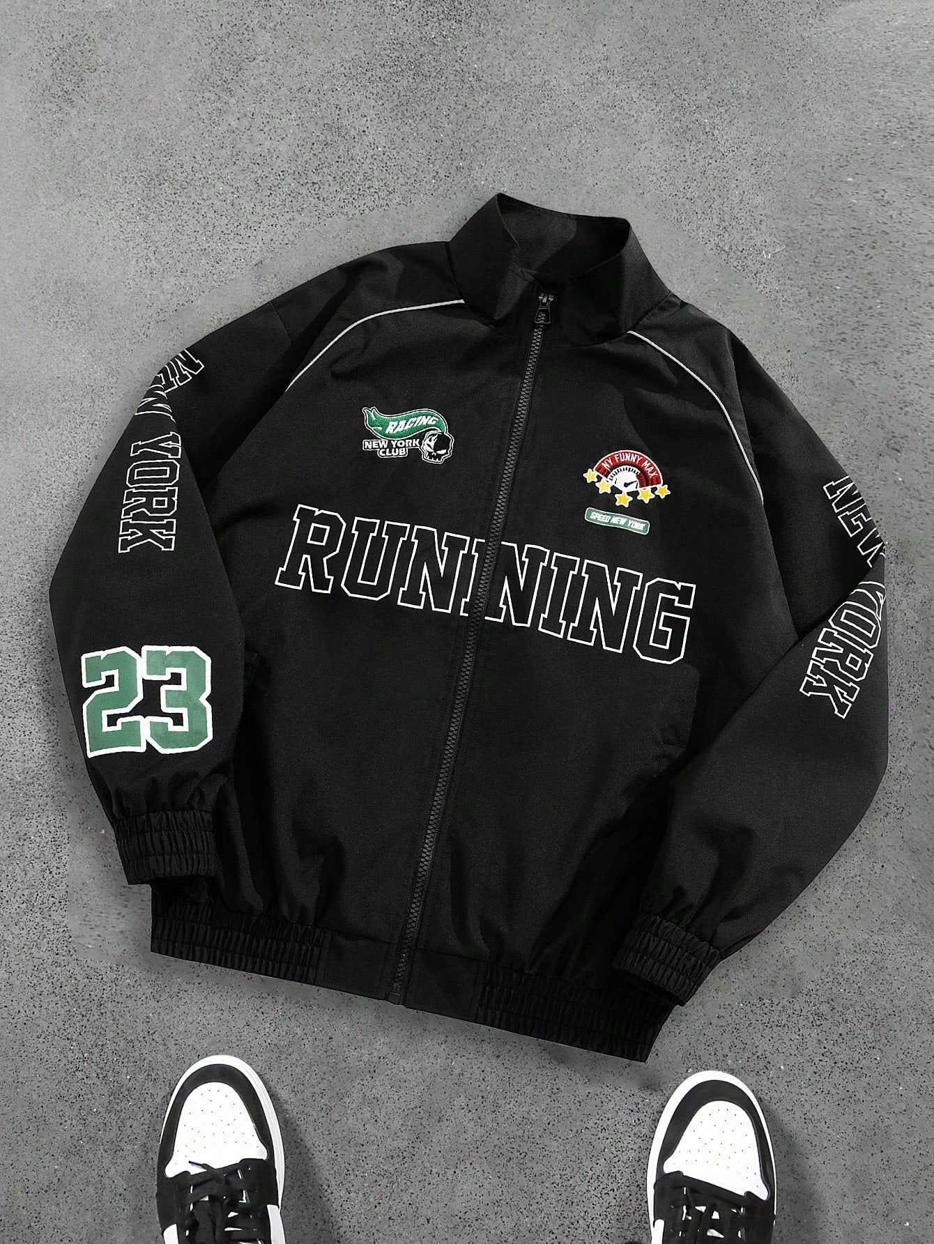 Men's Casual Letter Printed Long Sleeve Jacket,Stand Collar Rave Jacket, Spring & Fall Going Out Street Wear Racing Jacket Black Biker Jacket, For Friends, Husband, Boyfriend Gifts, Spring Autumn