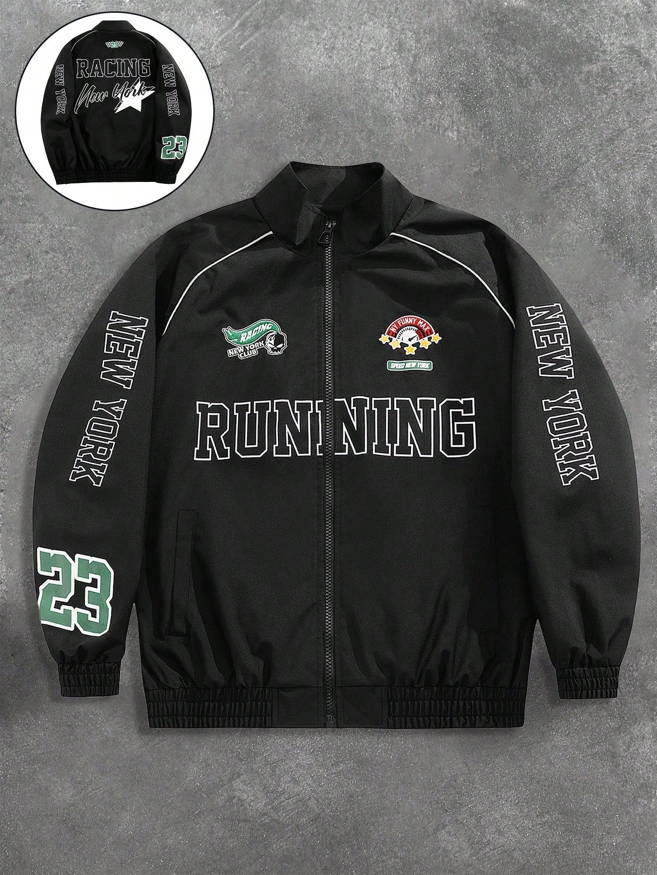 Men's Casual Letter Printed Long Sleeve Jacket,Stand Collar Rave Jacket, Spring & Fall Going Out Street Wear Racing Jacket Black Biker Jacket, For Friends, Husband, Boyfriend Gifts, Spring Autumn