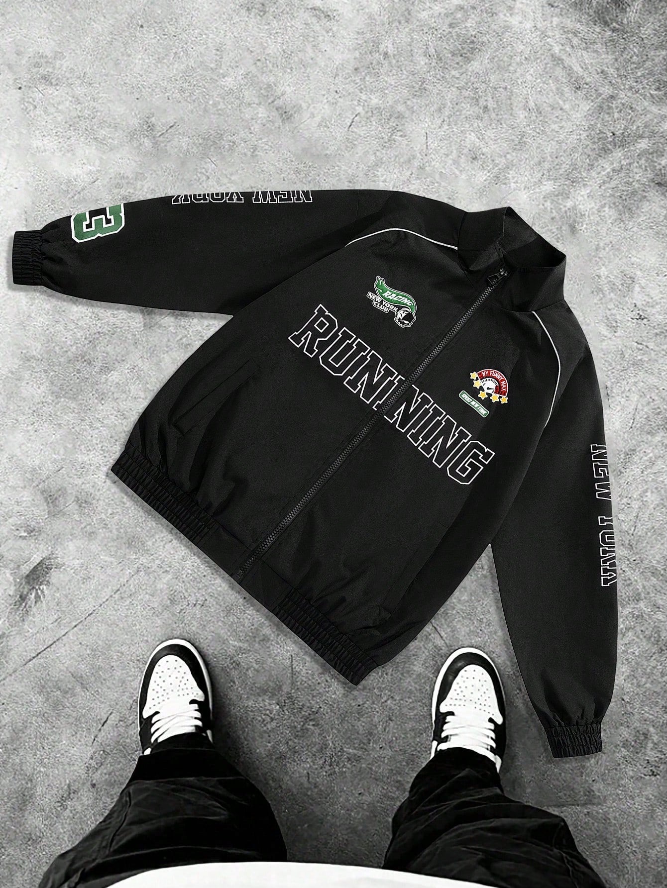 Men's Casual Letter Printed Long Sleeve Jacket,Stand Collar Rave Jacket, Spring & Fall Going Out Street Wear Racing Jacket Black Biker Jacket, For Friends, Husband, Boyfriend Gifts, Spring Autumn