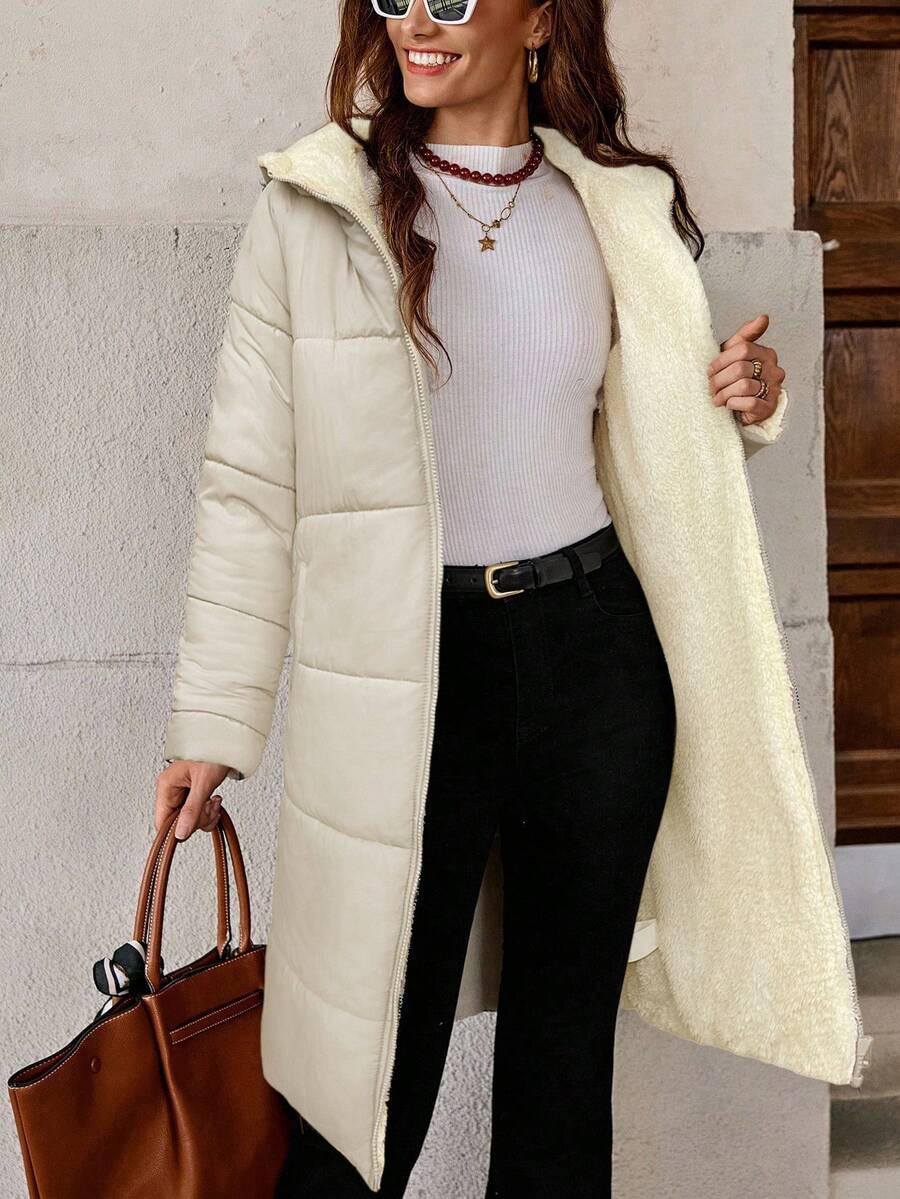 SHEIN Clasi Women Zip Up Hooded Teddy Lined Quilted Coat In Fall/Winter